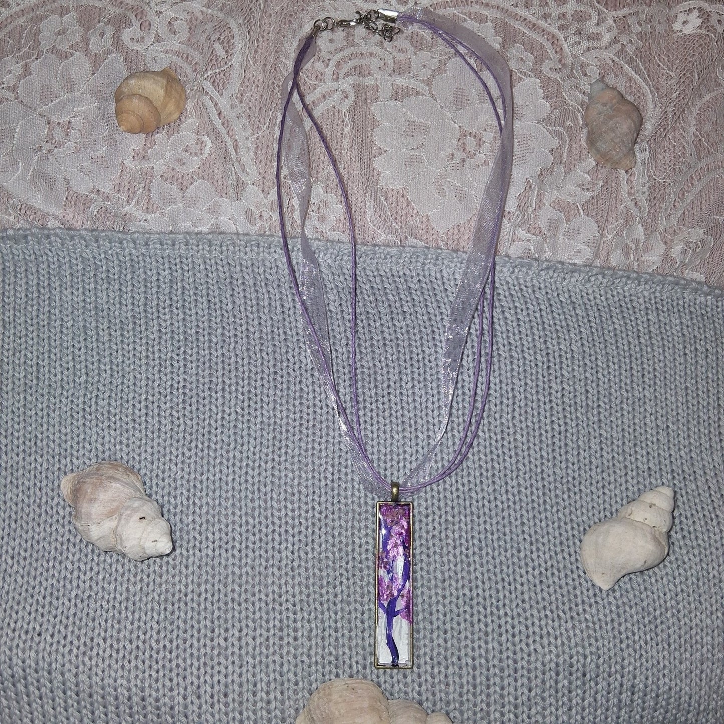 Handmade Beautiful Resin Painted Cherry Blossom Pendant Necklace With Purple