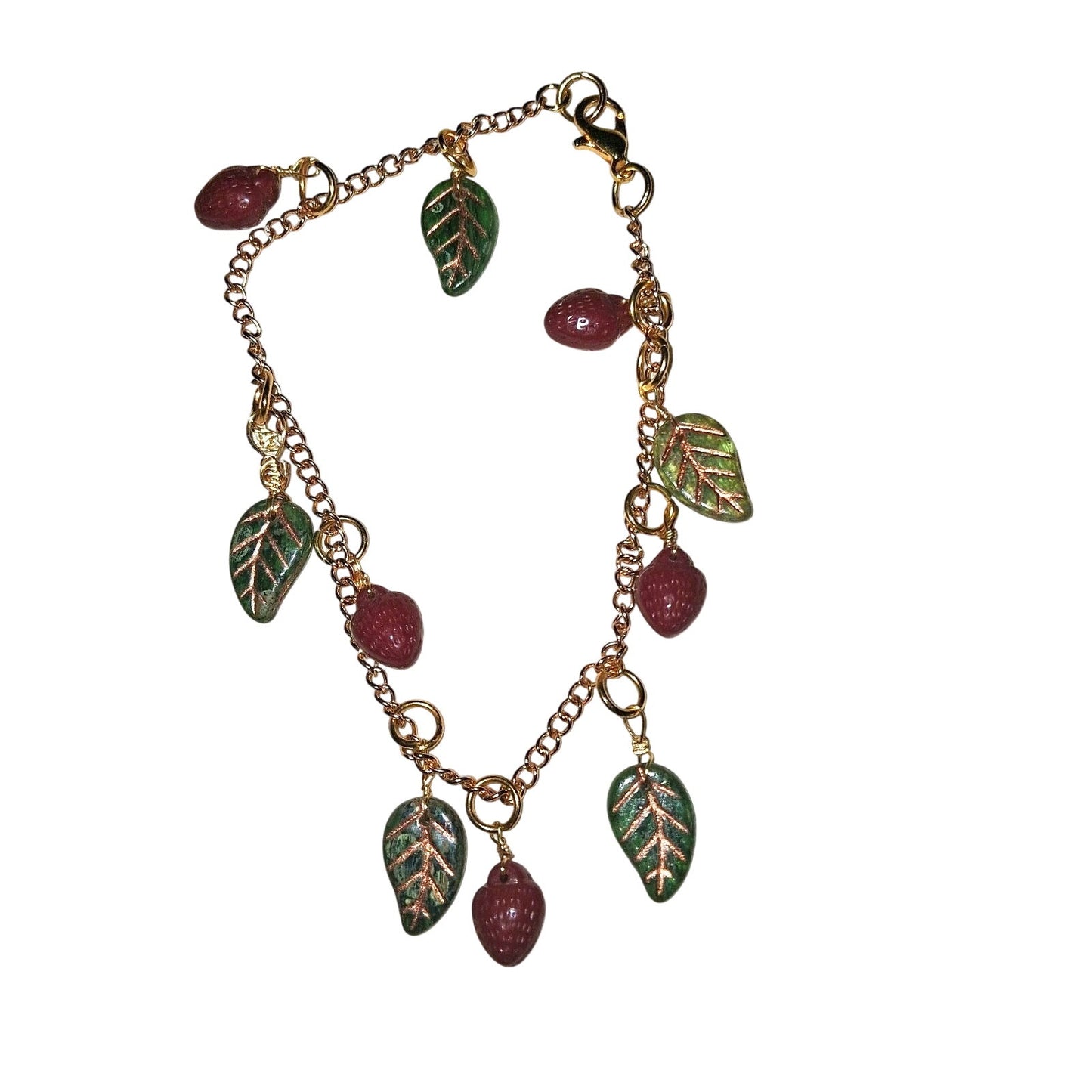 Adorable handmade Strawberry Pendant Bracelet Gold Chain Leaf And Fruit charms