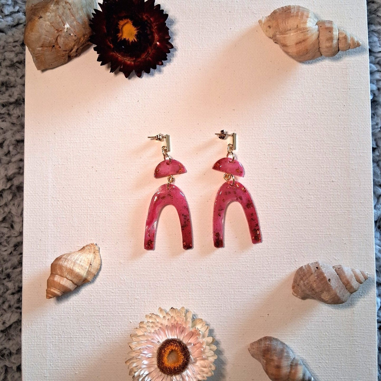 Handmade Pink and GOLD Resin Dangle Earrings with Gold Accents