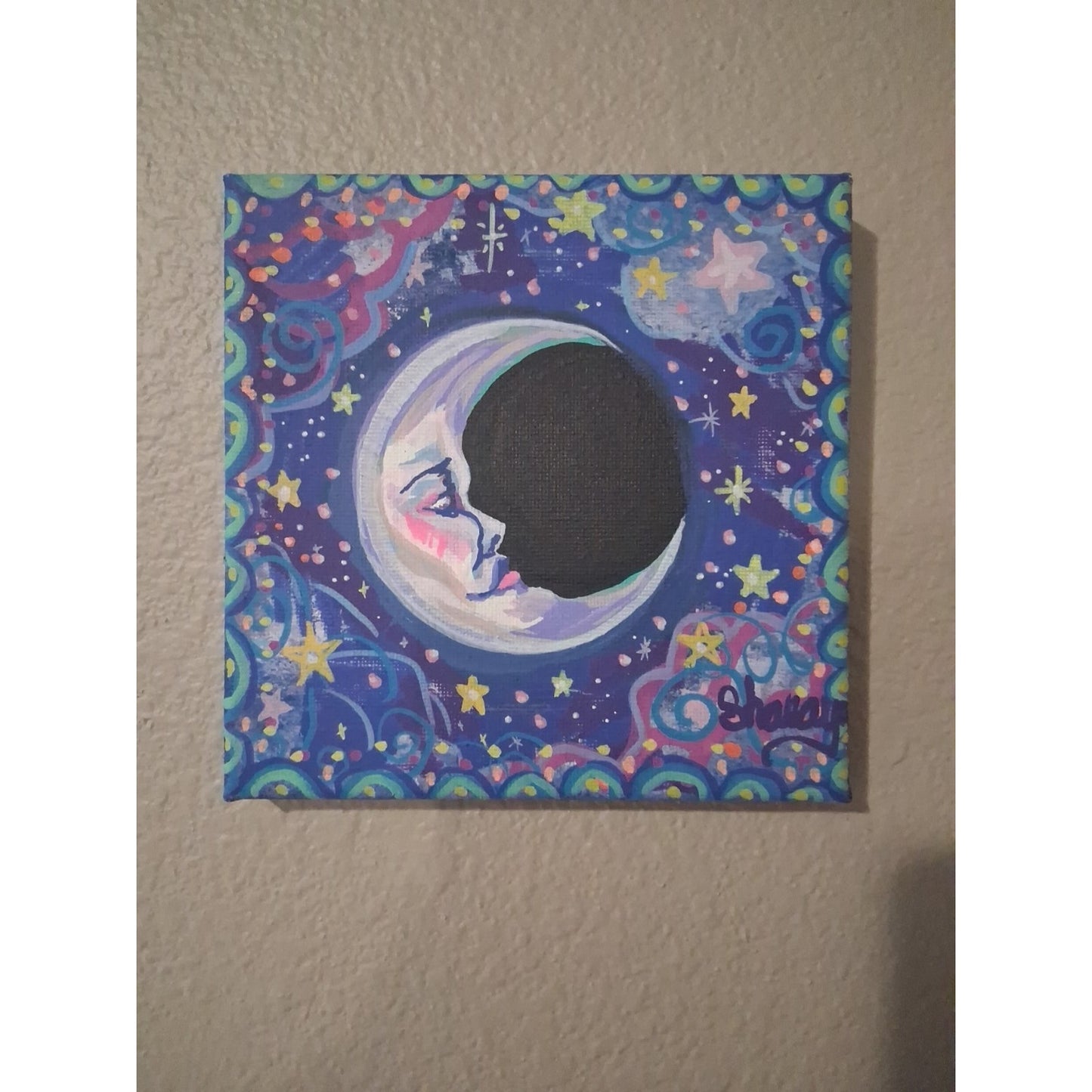 Original Acrylic Feminine Magical Moon Face Painting 6×6