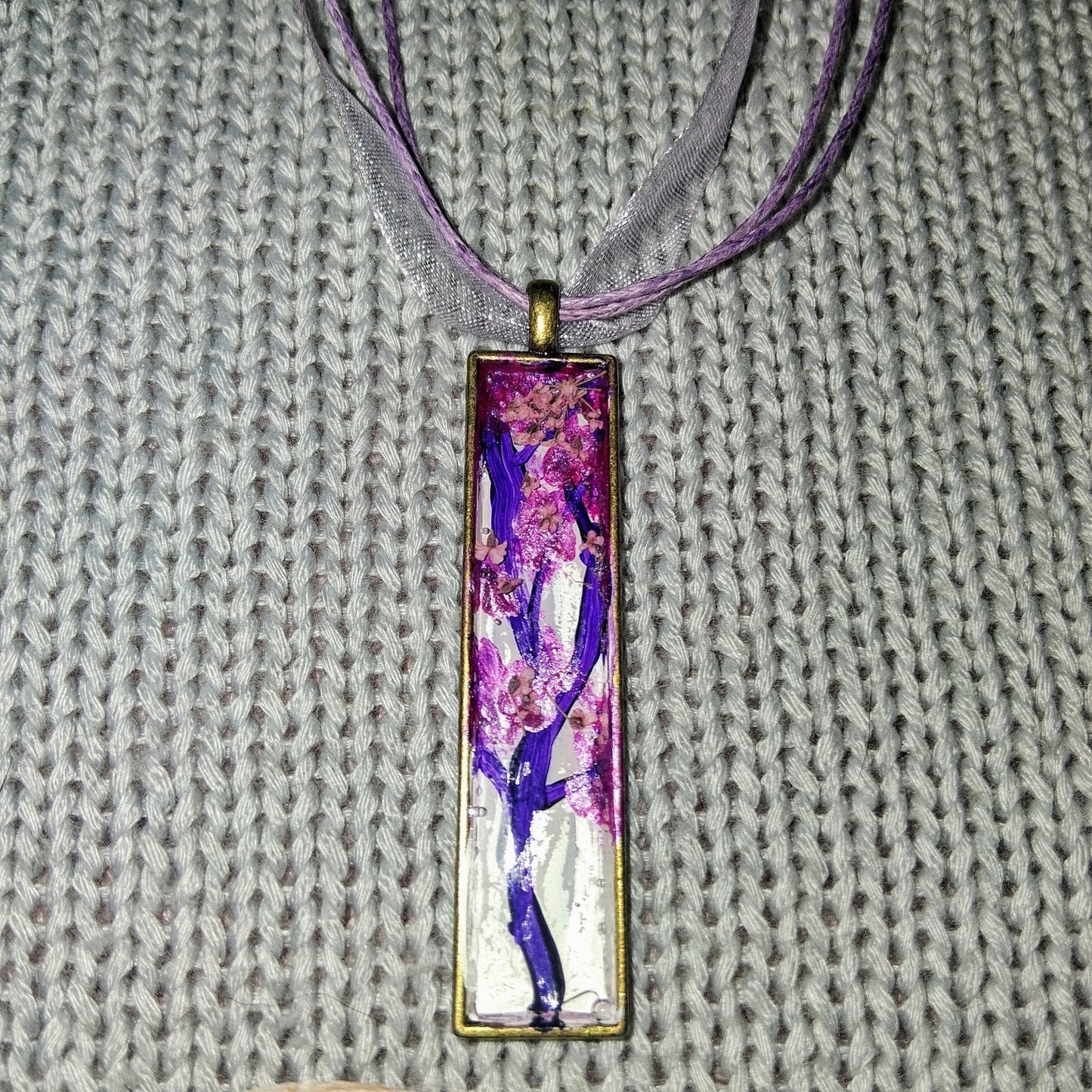 Handmade Beautiful Resin Painted Cherry Blossom Pendant Necklace With Purple