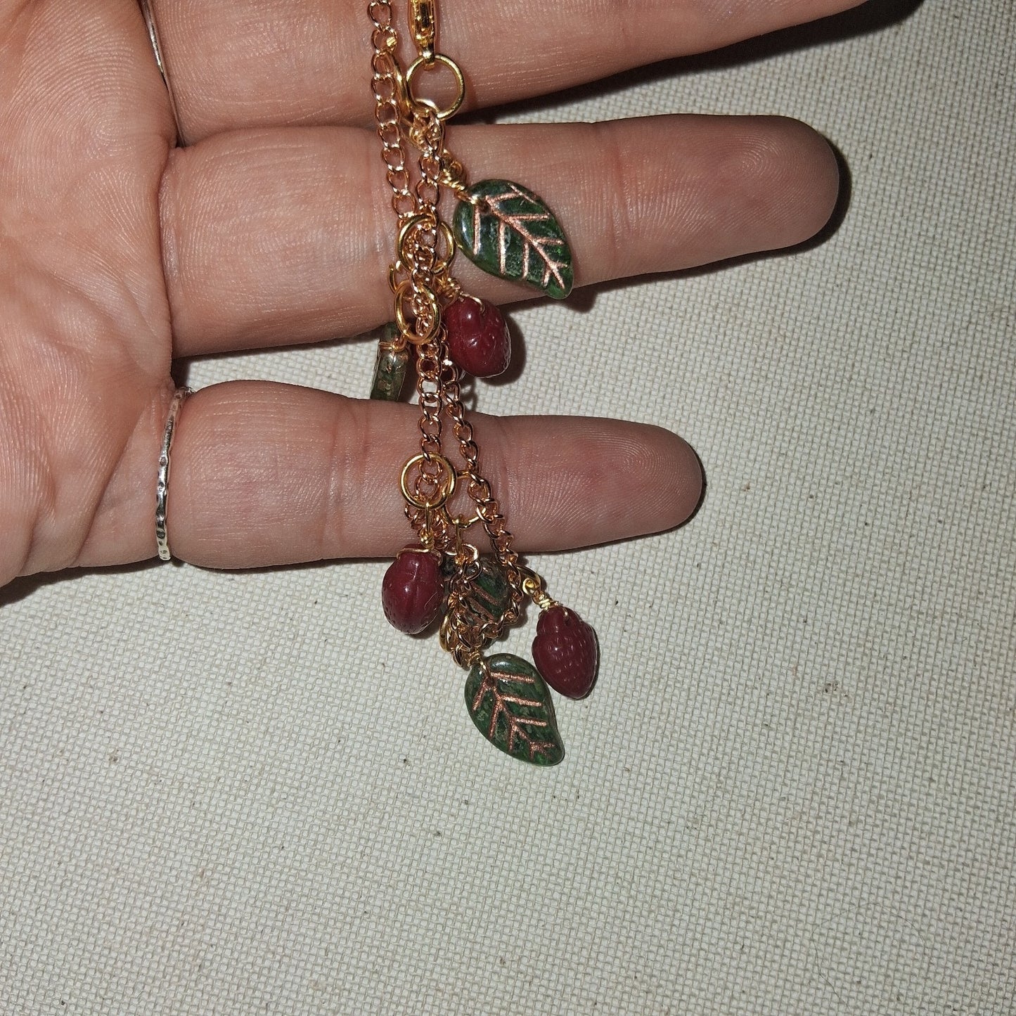 Adorable handmade Strawberry Pendant Bracelet Gold Chain Leaf And Fruit charms
