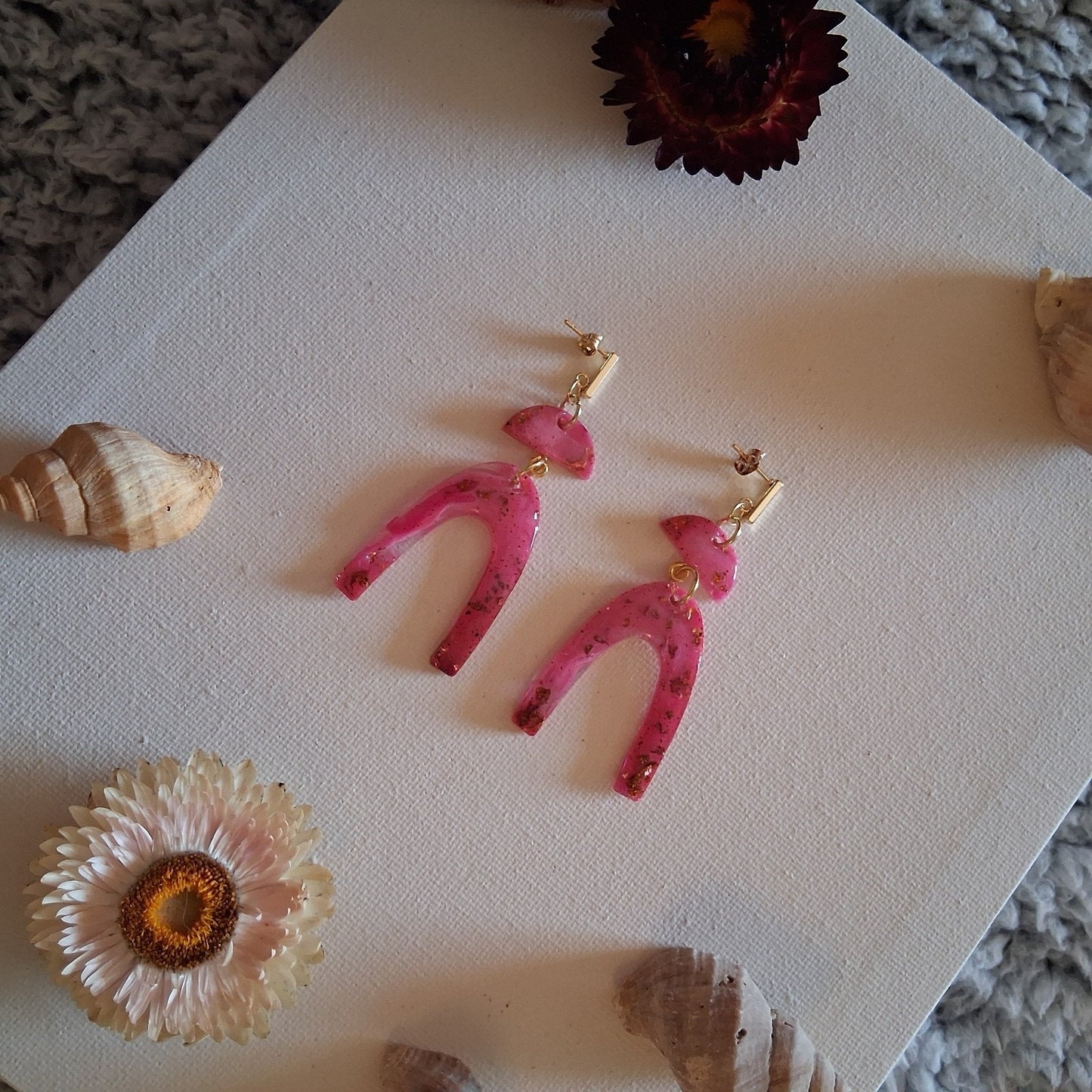 Handmade Pink and GOLD Resin Dangle Earrings with Gold Accents