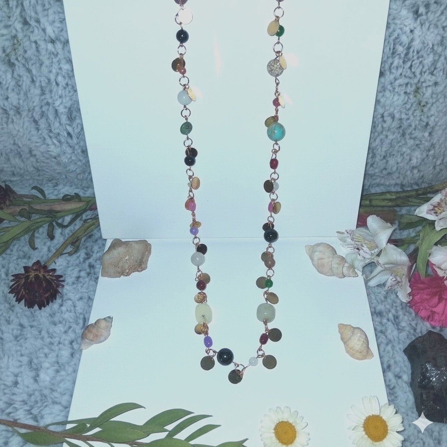Long Handmade GLASS and Stone Beaded Chain Necklace Bohemian Jewlery
