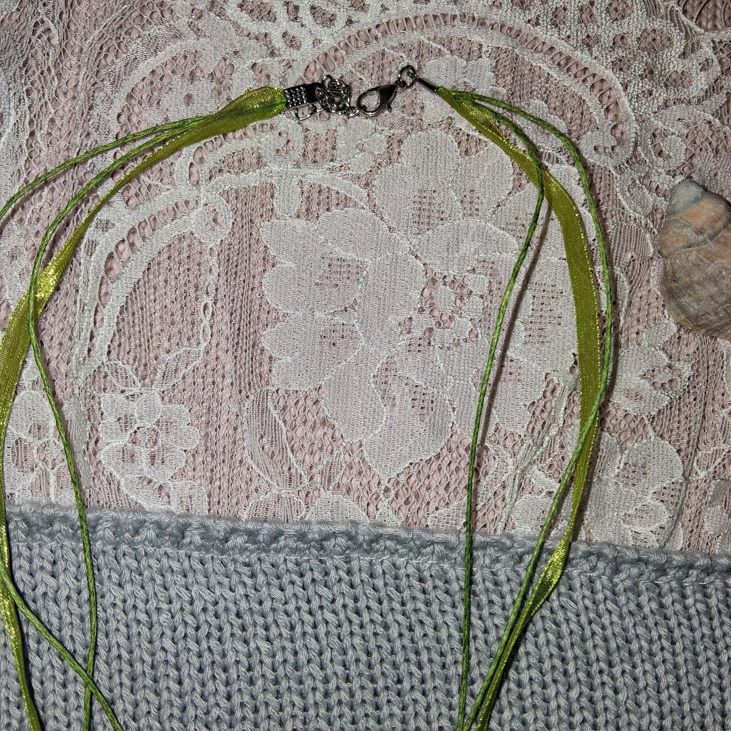Green Lace Flower Nature Resin Pendant Necklace with Silver Tone Chain