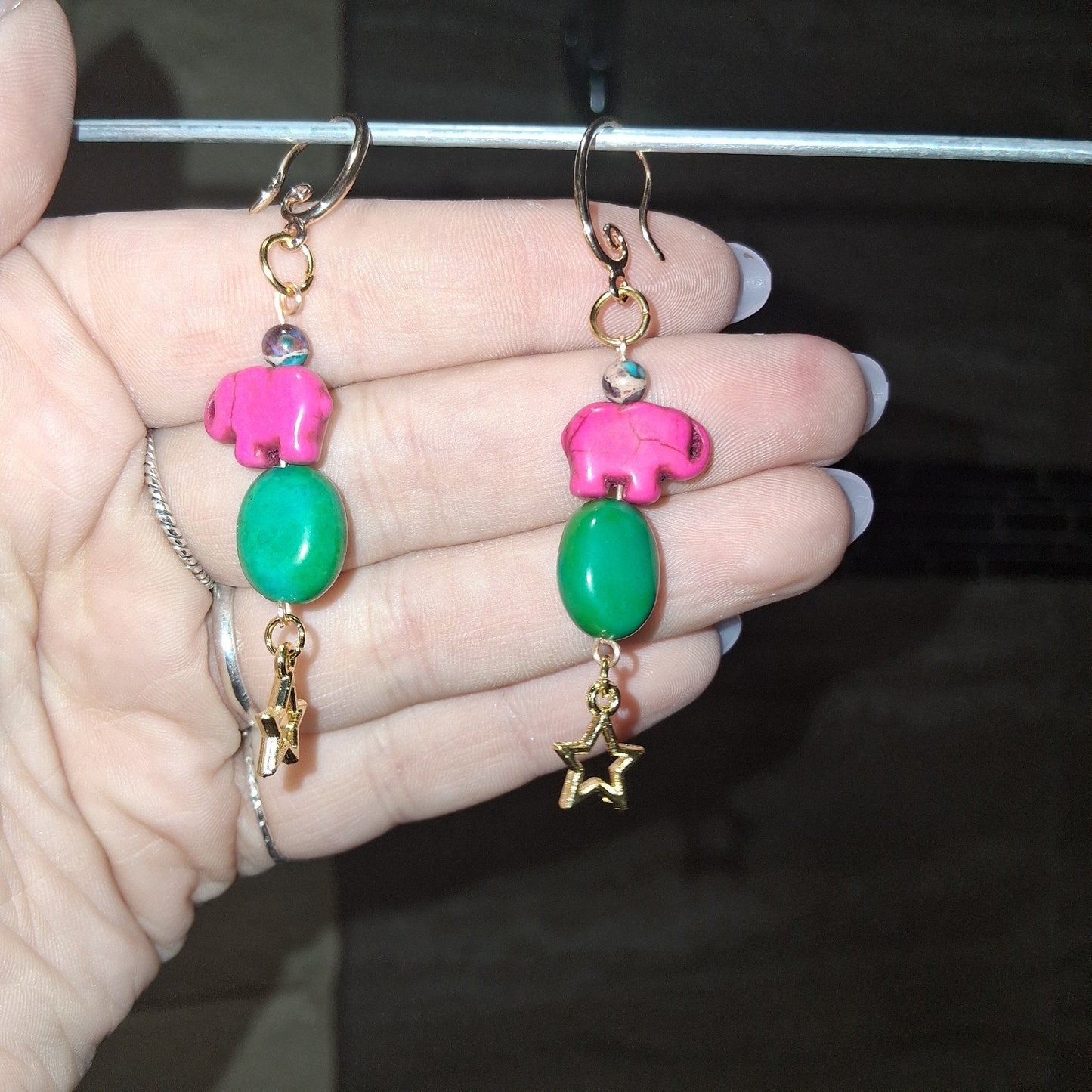 Elegant Pink Elephant Earrings with Natural Gemstones and Gold Stars Boho Chic