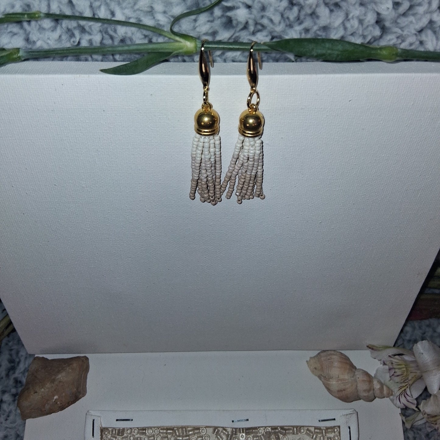 Bohemian Beige Beaded Gold Tassel Earring Set Handmade
