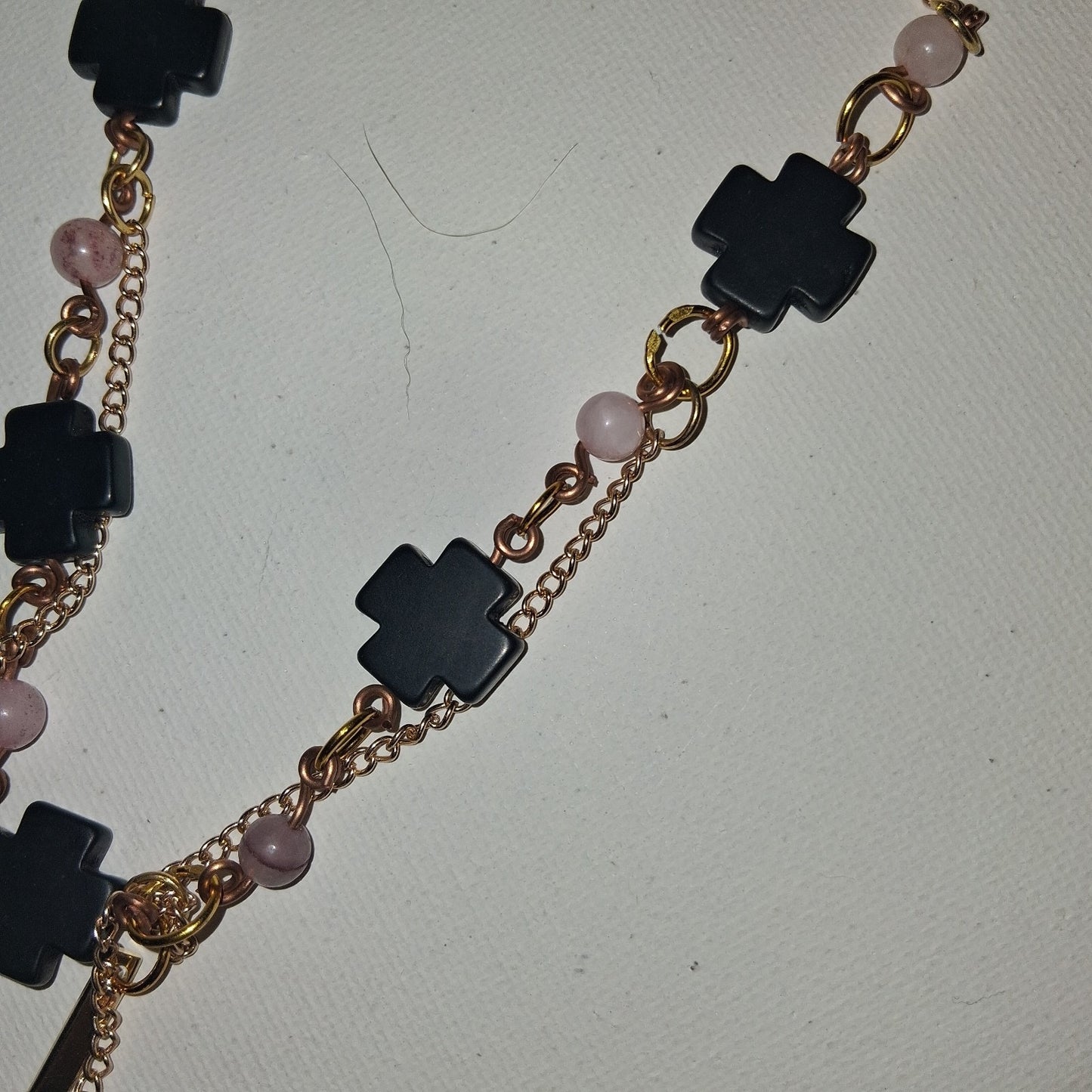 Goth Chic Black Cross Chocker Beaded Necklace With rose quarts Beads And Gold Chain