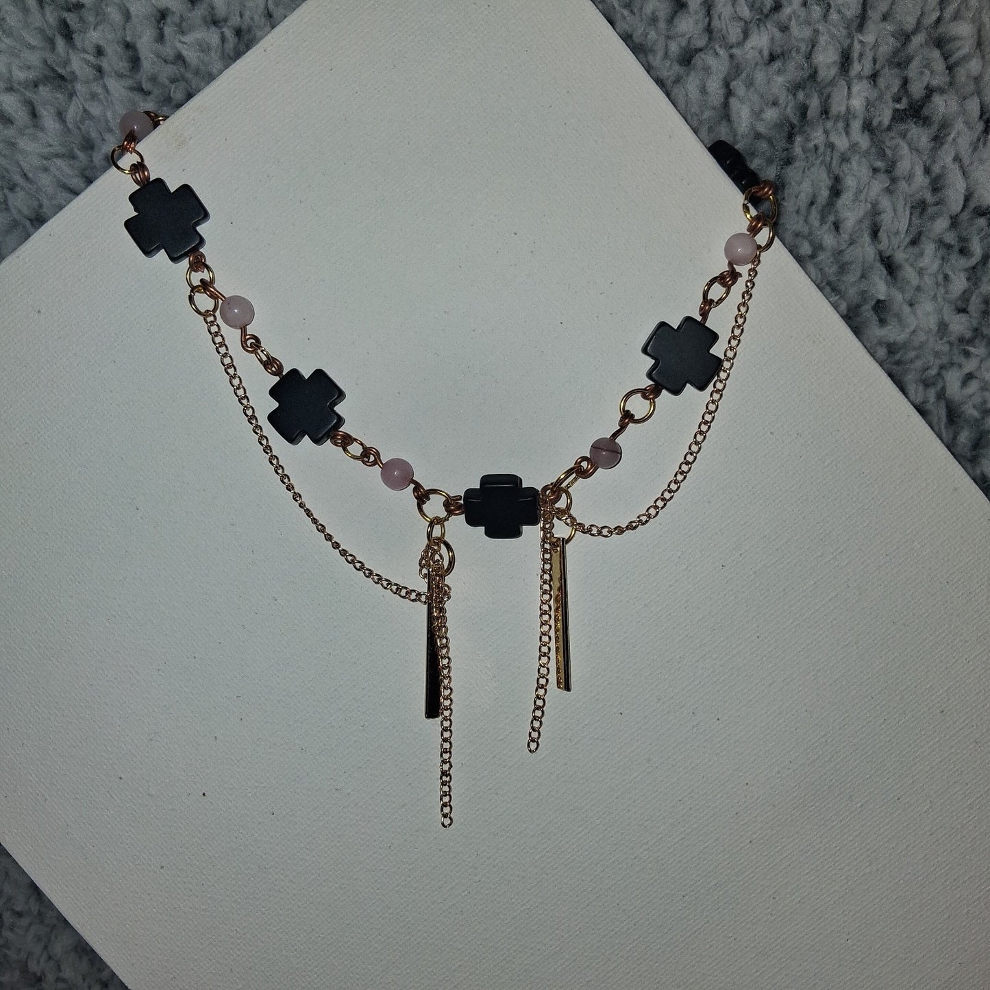 Goth Chic Black Cross Chocker Beaded Necklace With rose quarts Beads And Gold Chain
