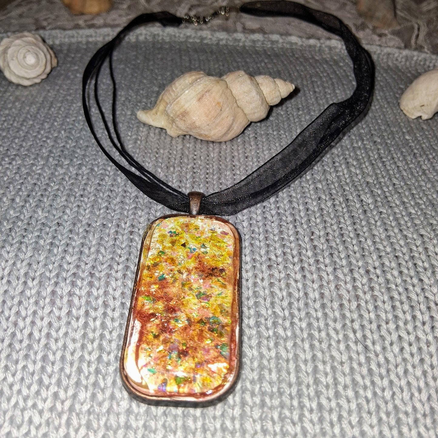 Handmade Resin Reflective Pendant Necklace On Black Ribbon Silver Tone Chain