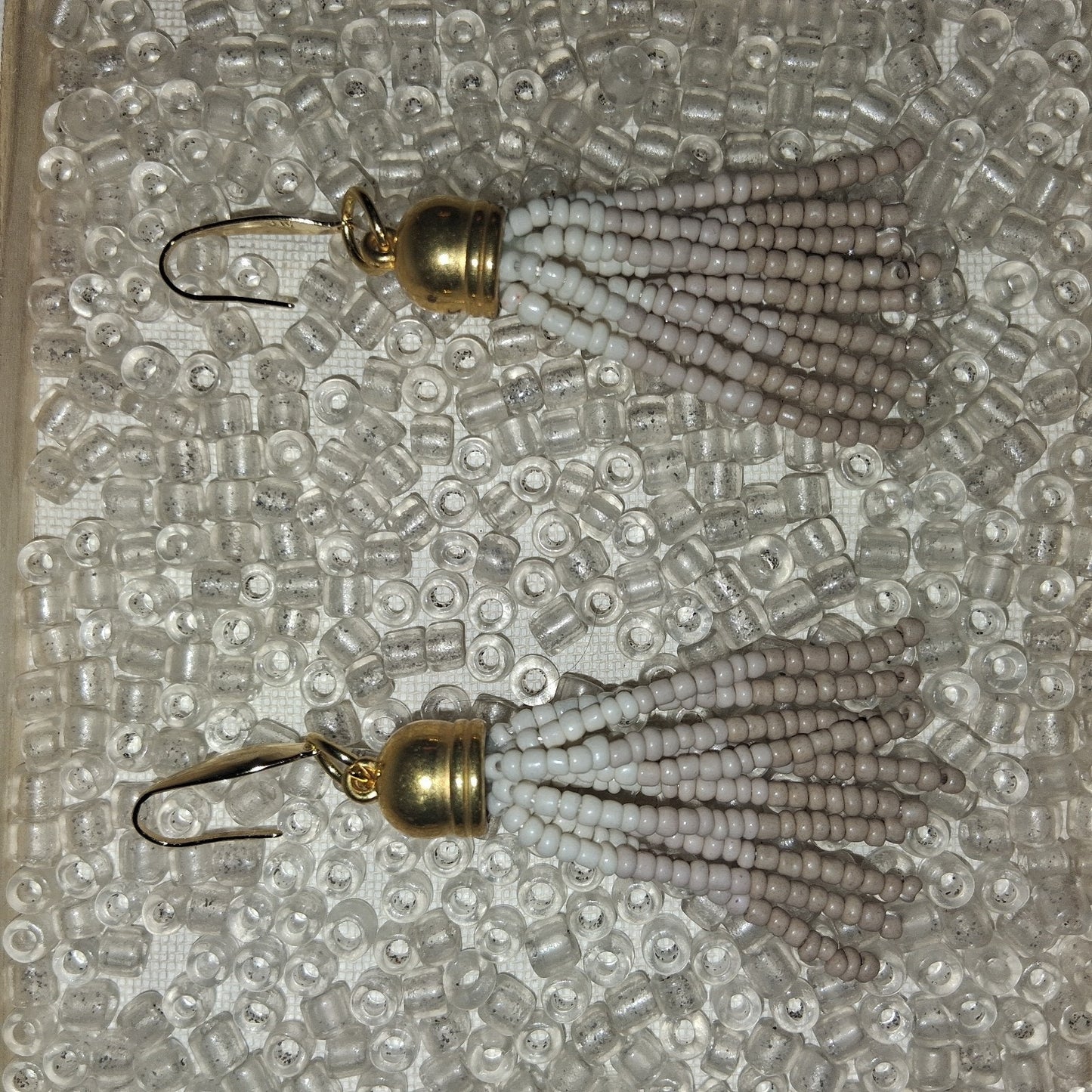 Bohemian Beige Beaded Gold Tassel Earring Set Handmade