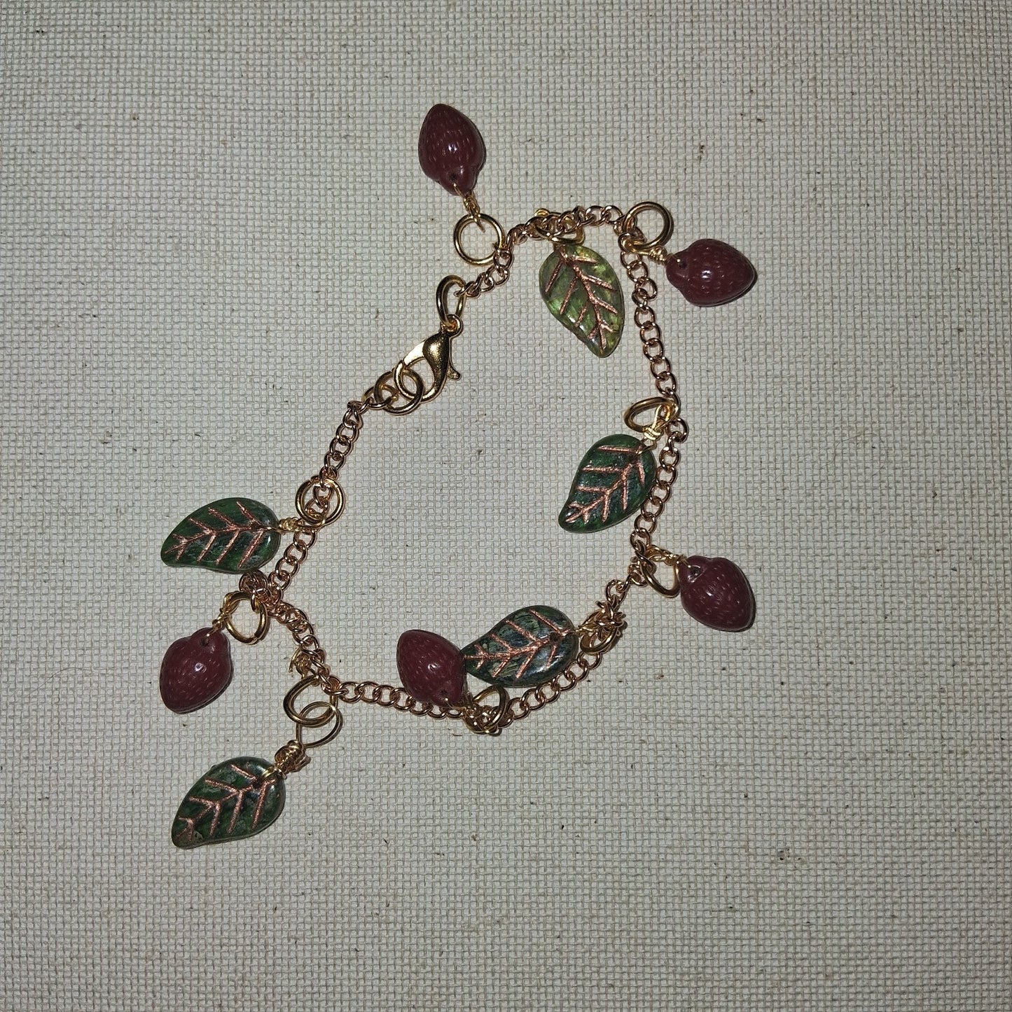 Adorable handmade Strawberry Pendant Bracelet Gold Chain Leaf And Fruit charms