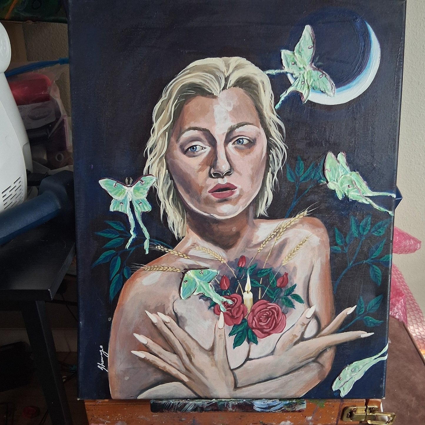 Large Portrait Of Artist, Mixed Media Painting Art Featuring Luna Moths