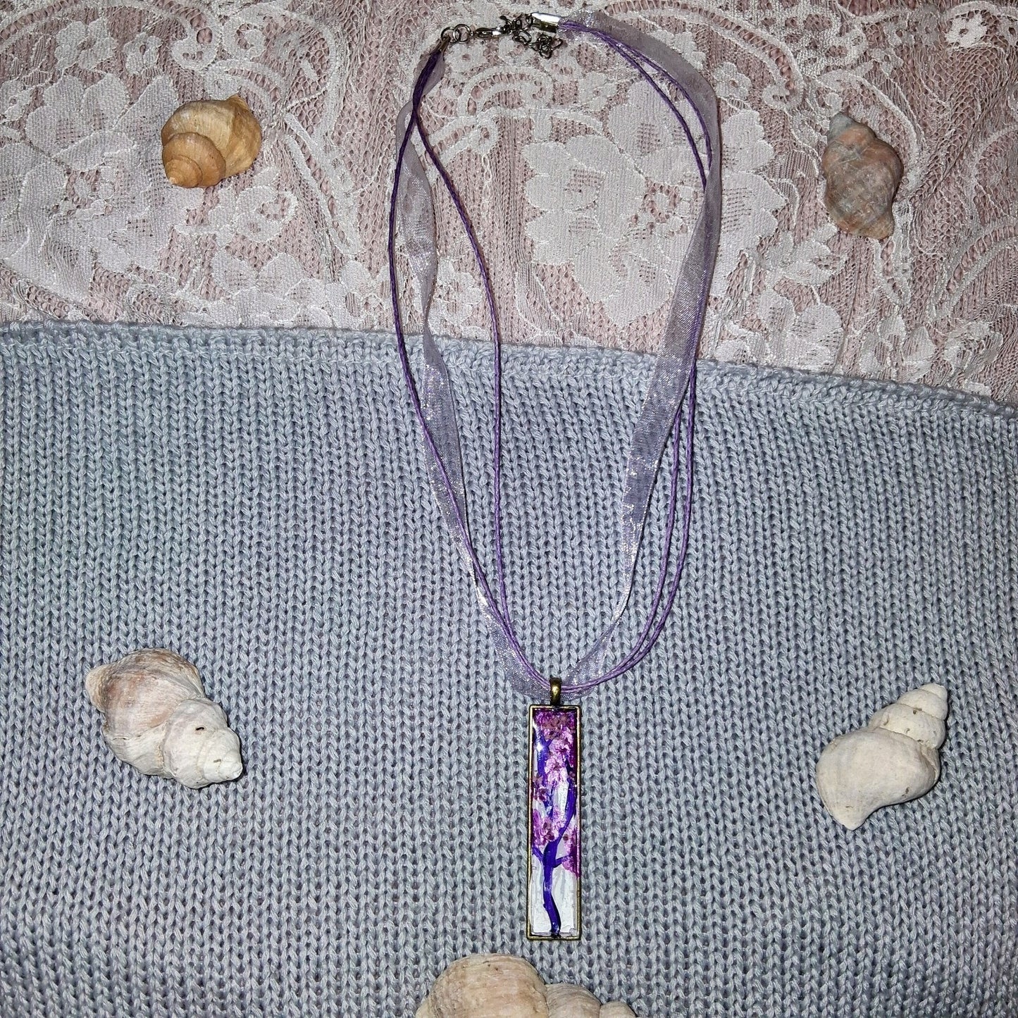 Handmade Beautiful Resin Painted Cherry Blossom Pendant Necklace With Purple