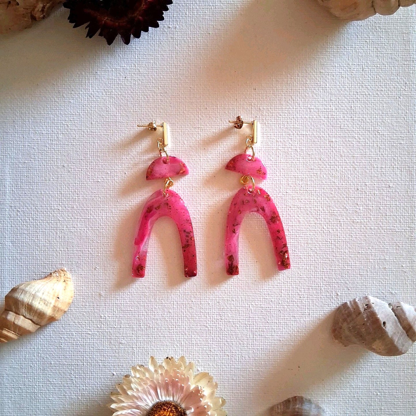 Handmade Pink and GOLD Resin Dangle Earrings with Gold Accents