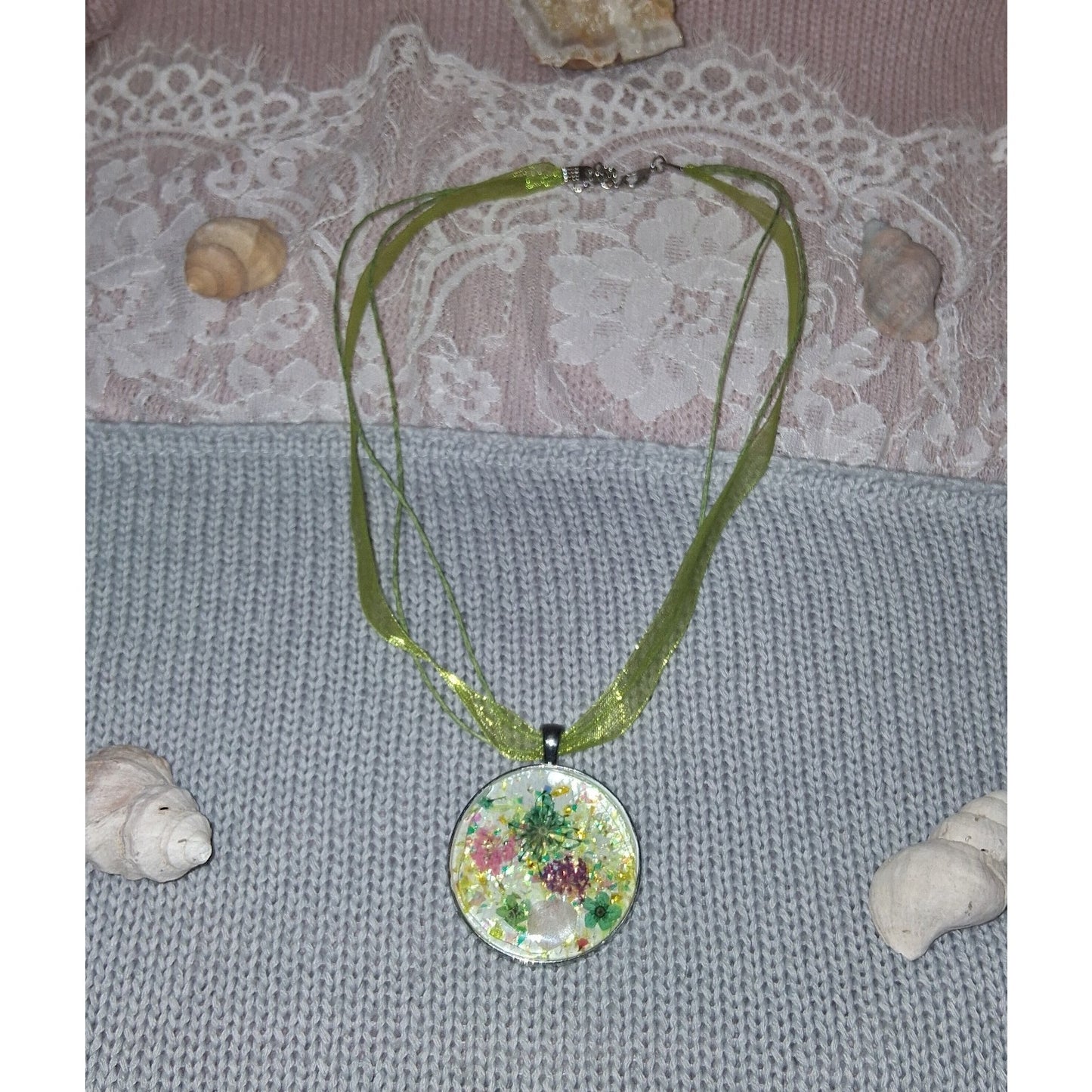 Green Lace Flower Nature Resin Pendant Necklace with Silver Tone Chain