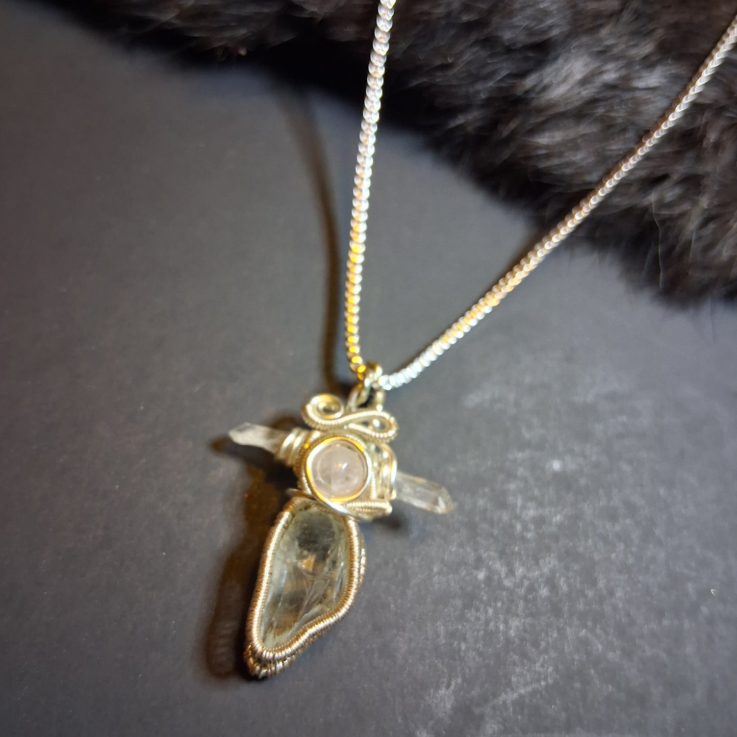 Silver Wire Wrap Quarts Crystal Chain Necklace cross spirit