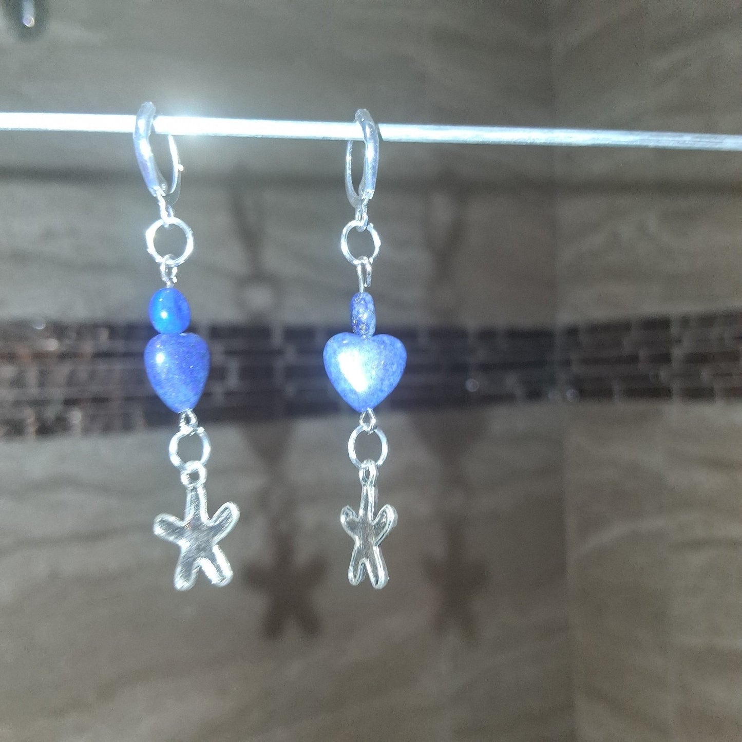 Adorable Lapis Lazuli Heart Starfish Silver Circle Hook Dangle Earrings Jewelry