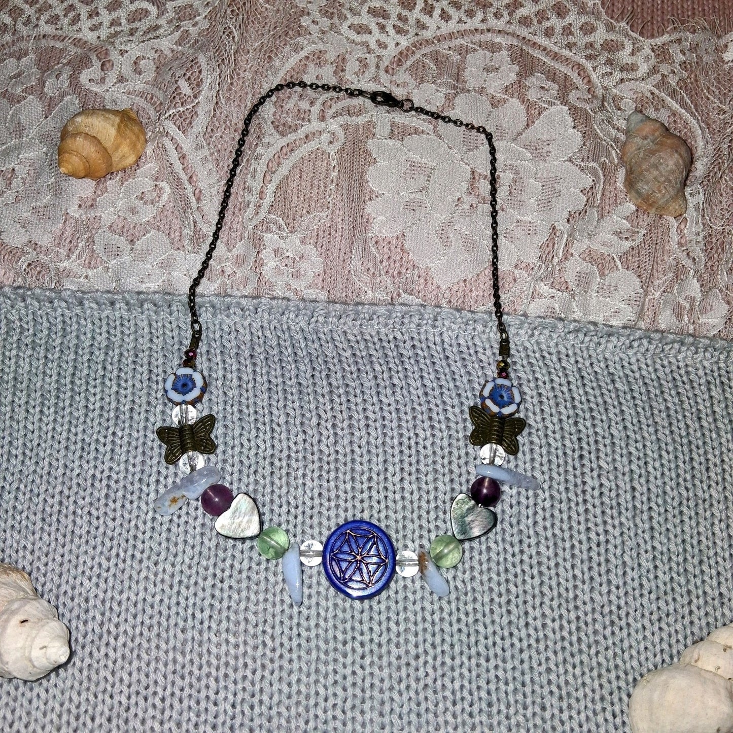 Blue Toned Elegant Whymsical Butterfly Nature Flower Chakra Pendant Necklace