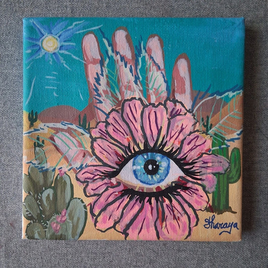 Pretty Cactus Deasert Scene Third Eye Hand Palm Healing Energy Acrylic Art
