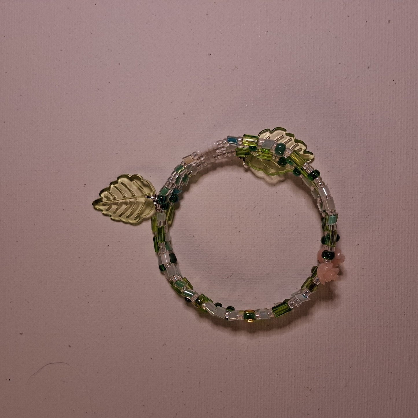 Wrap Bracelet With Green Beads And Pink Flowers Green Leaves Fairy JEWLRY