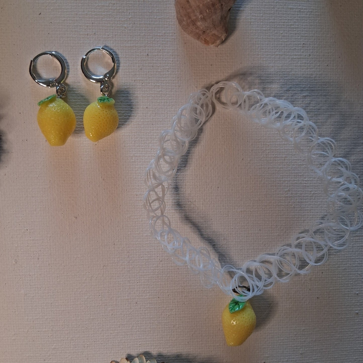 Cute LEMON Stretchy Chocker Necklace And Earring Set White Summer Chic