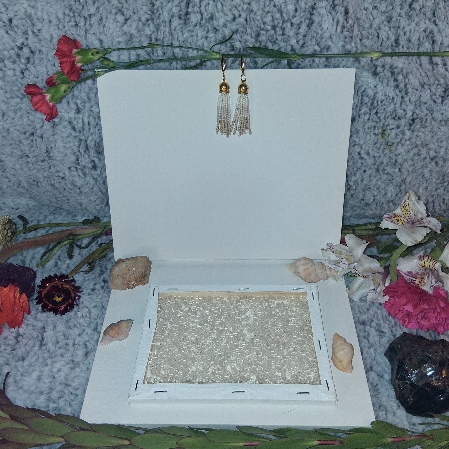 Bohemian Beige Beaded Gold Tassel Earring Set Handmade