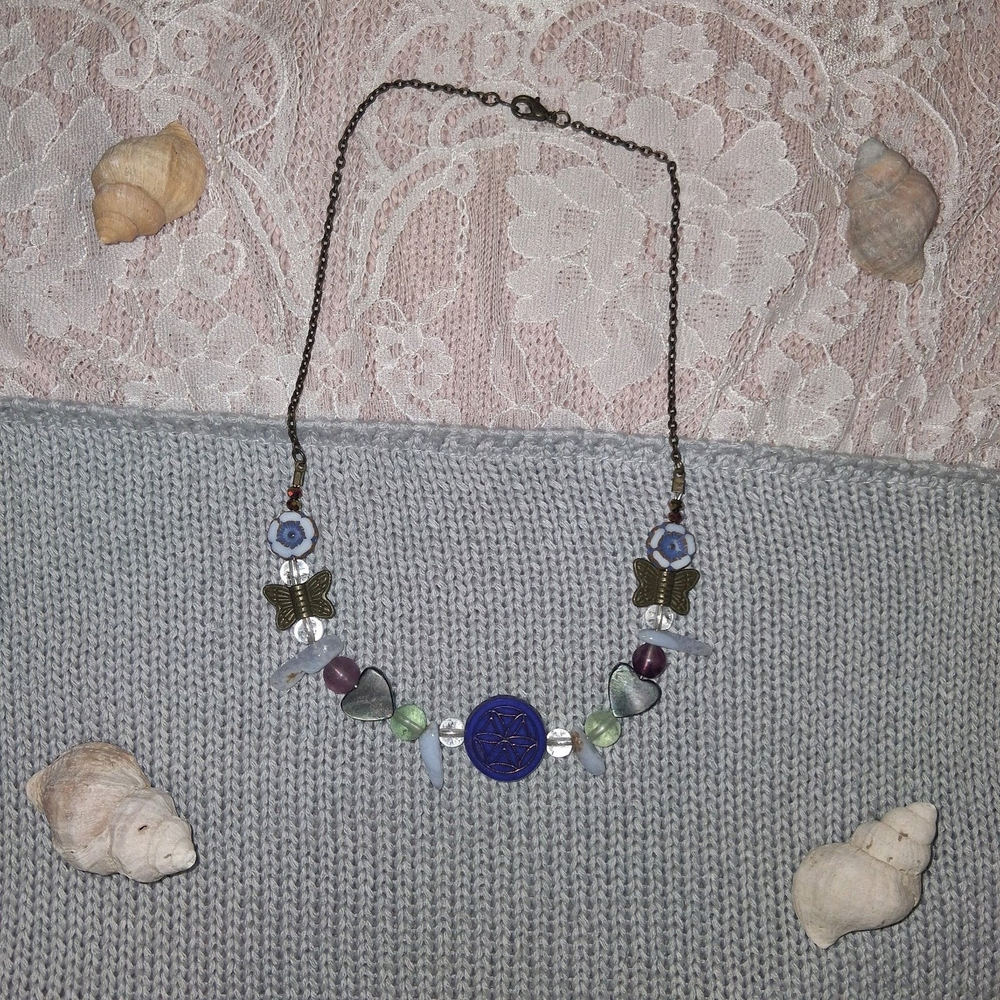 Blue Toned Elegant Whymsical Butterfly Nature Flower Chakra Pendant Necklace