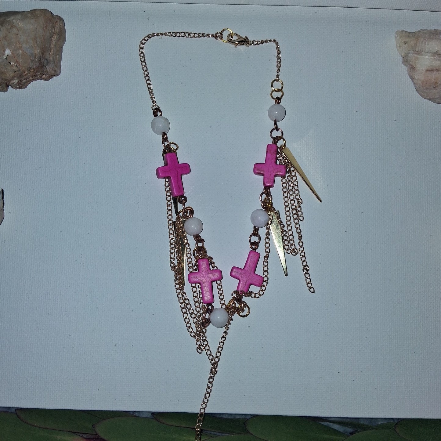 Asymmetrical Boho Fringle Chain Pink Cross Beaded Cocker Necklace Gold Tone