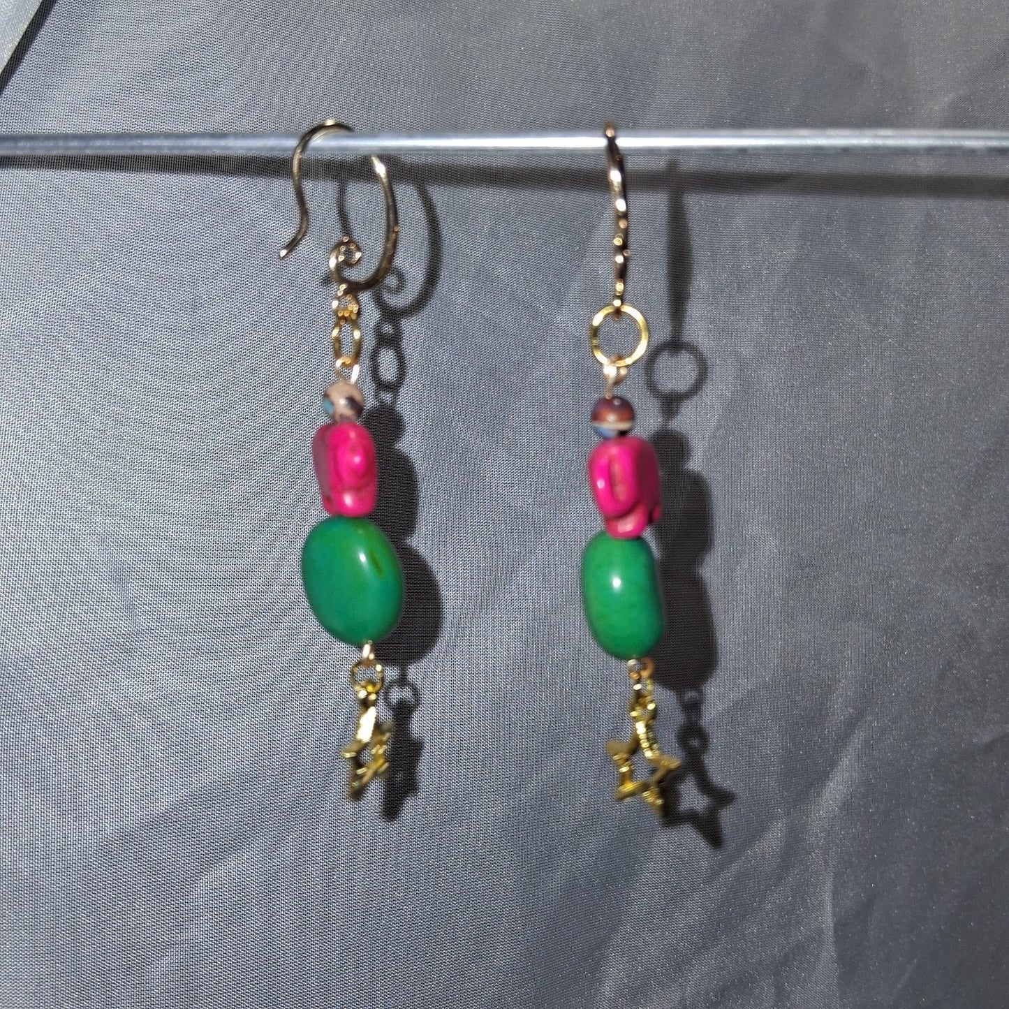 Elegant Pink Elephant Earrings with Natural Gemstones and Gold Stars Boho Chic
