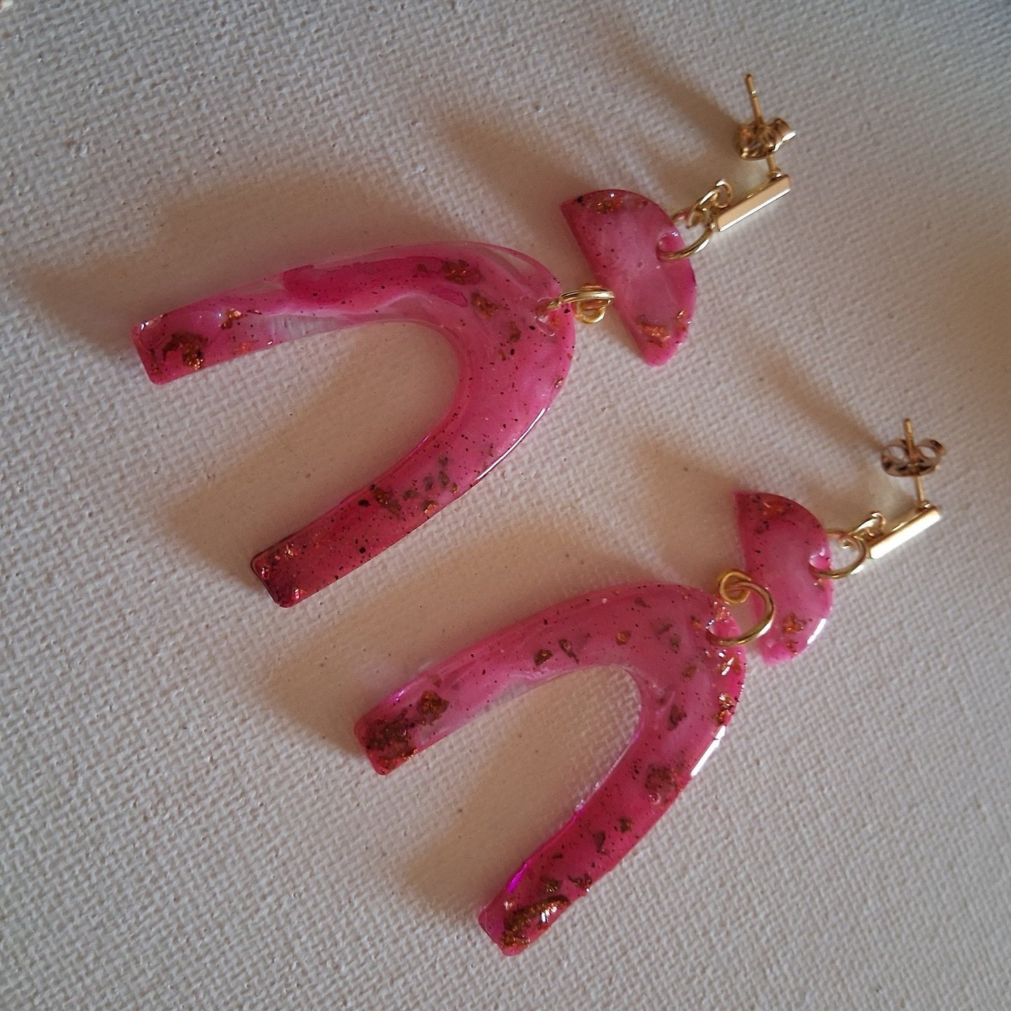 Handmade Pink and GOLD Resin Dangle Earrings with Gold Accents