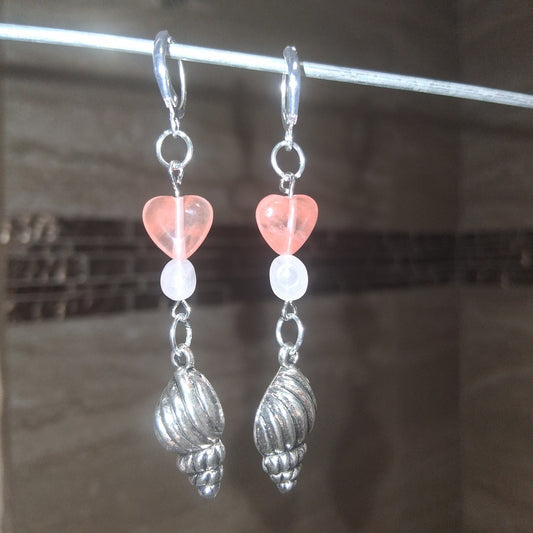 Pretty Rose Quarts Sea Shell Earrings with Silver Tone Hooks