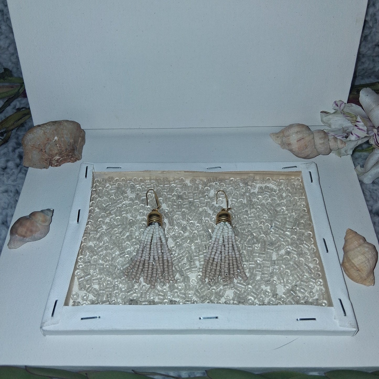 Bohemian Beige Beaded Gold Tassel Earring Set Handmade