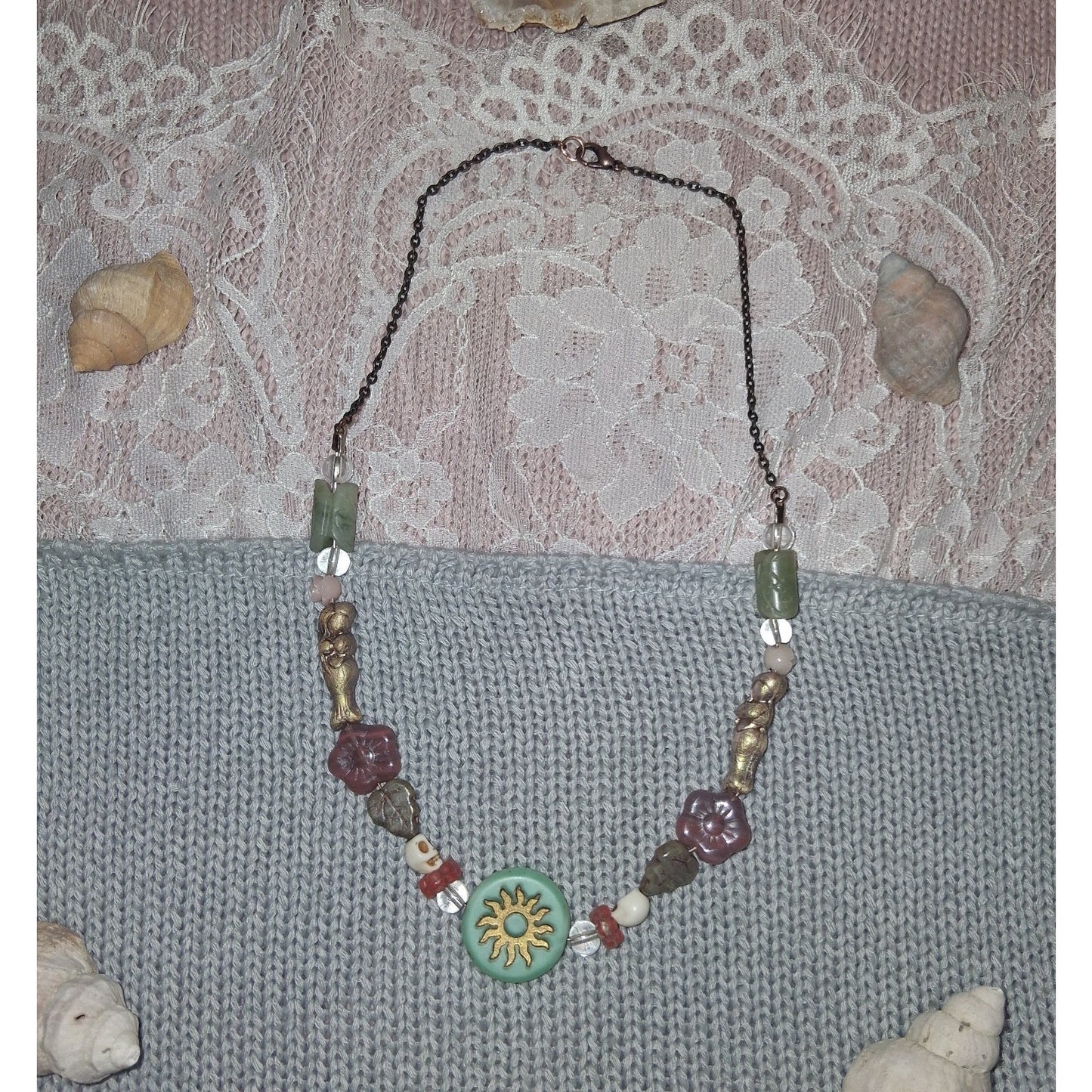 Beautiful Blue Sun Gold Goddess Flower Skull Pendant Tribal Princess Necklace