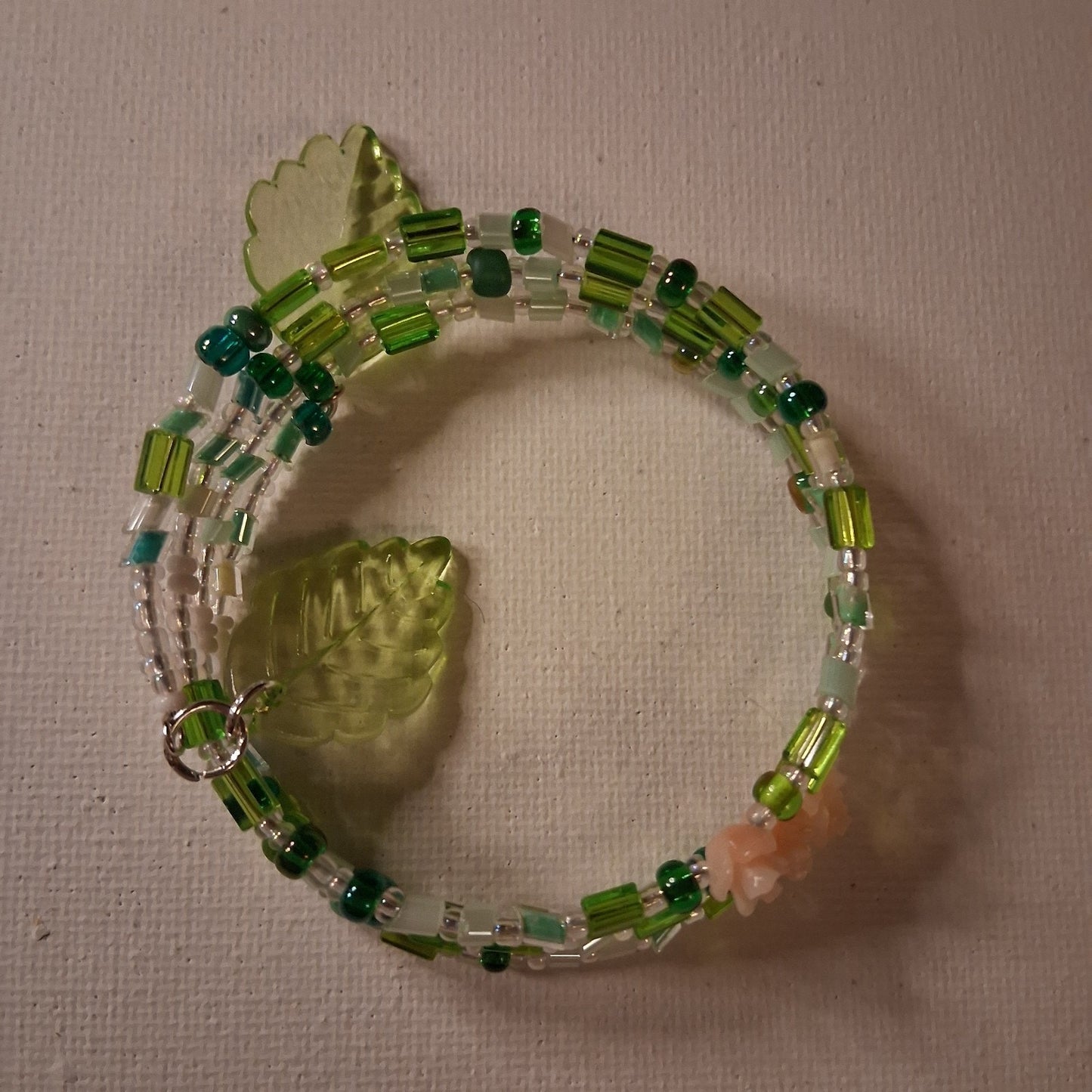 Wrap Bracelet With Green Beads And Pink Flowers Green Leaves Fairy JEWLRY
