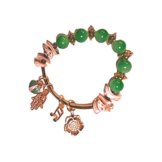 Boho Beachy Green & GOLD CHARM BRACELET WITH SHELL BEADS & Gold & Brass Accents