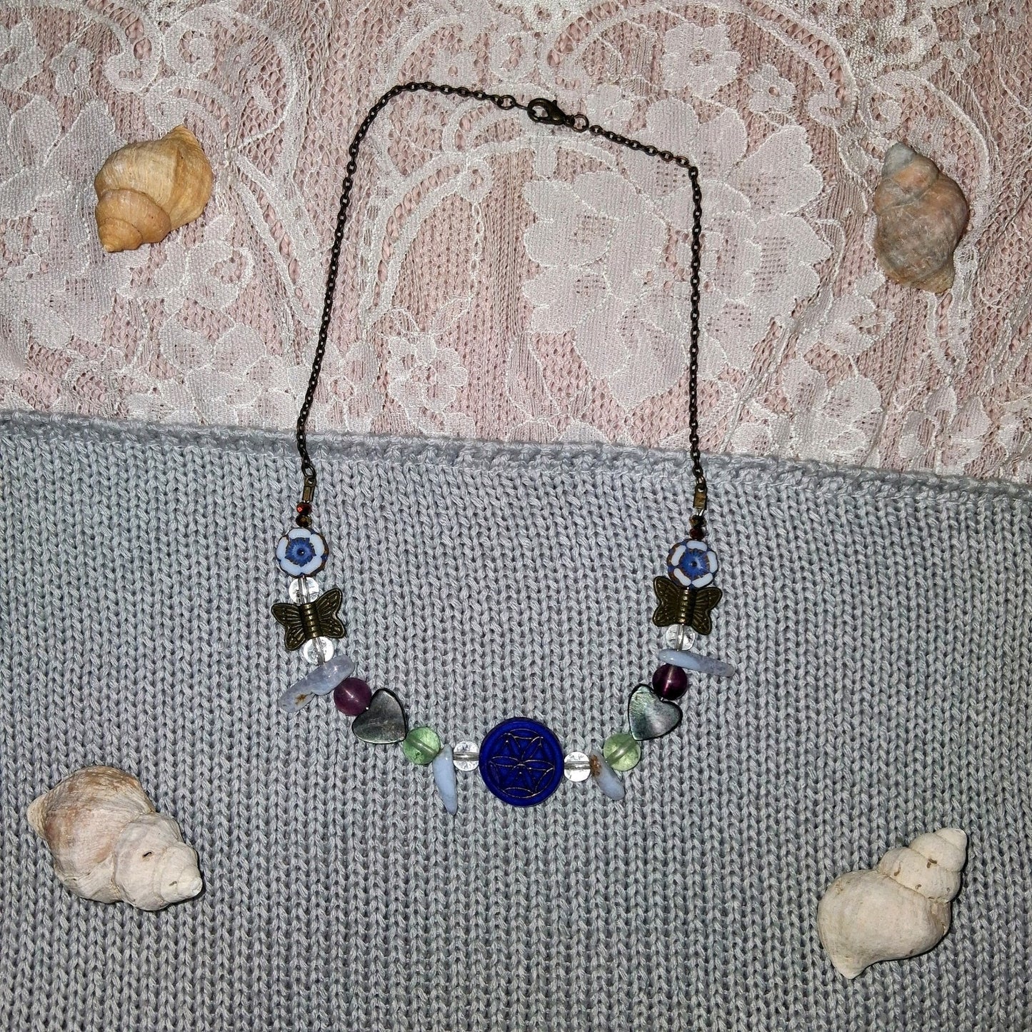 Blue Toned Elegant Whymsical Butterfly Nature Flower Chakra Pendant Necklace