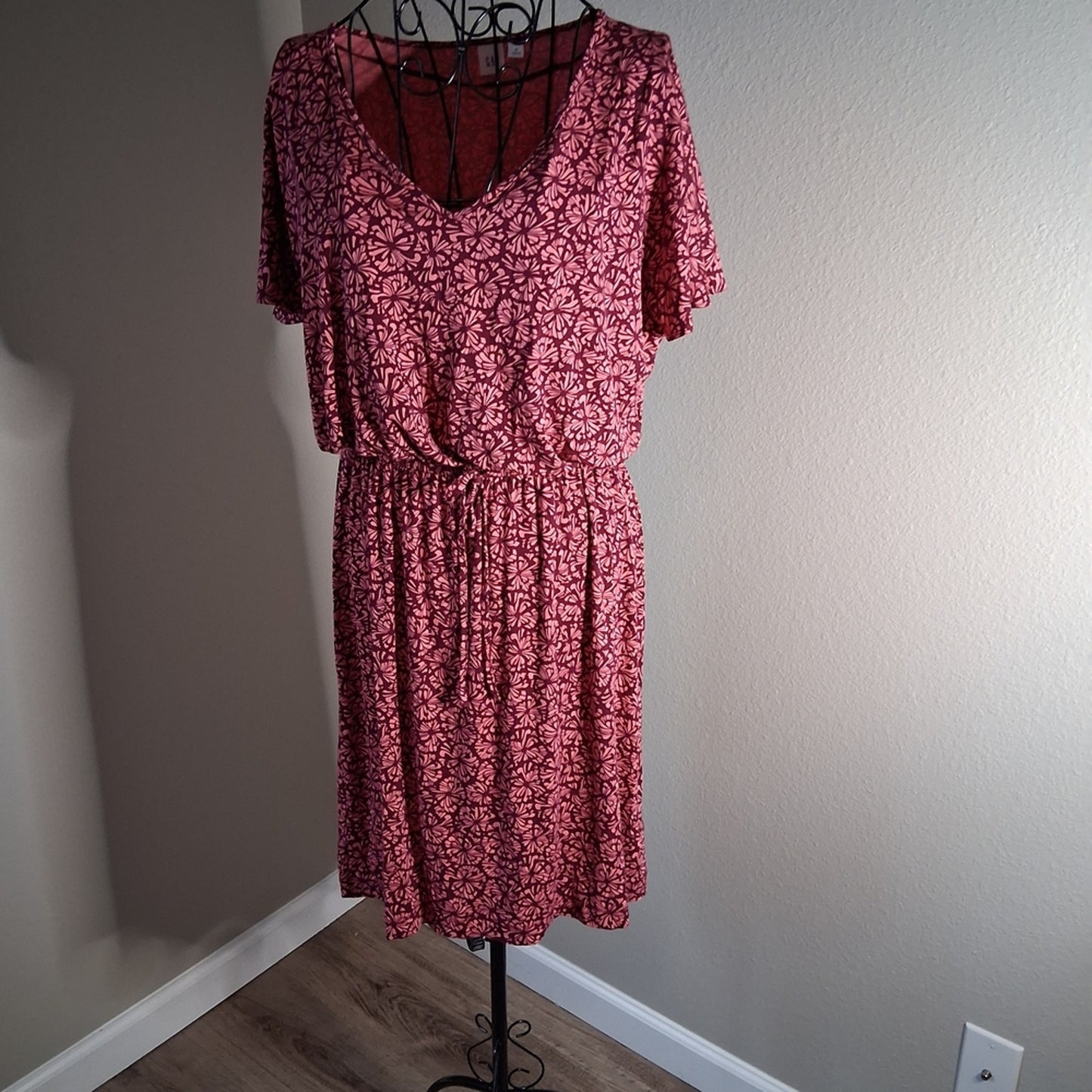 GAP Red Ruched Midi Dress with Dolman Sleeves
