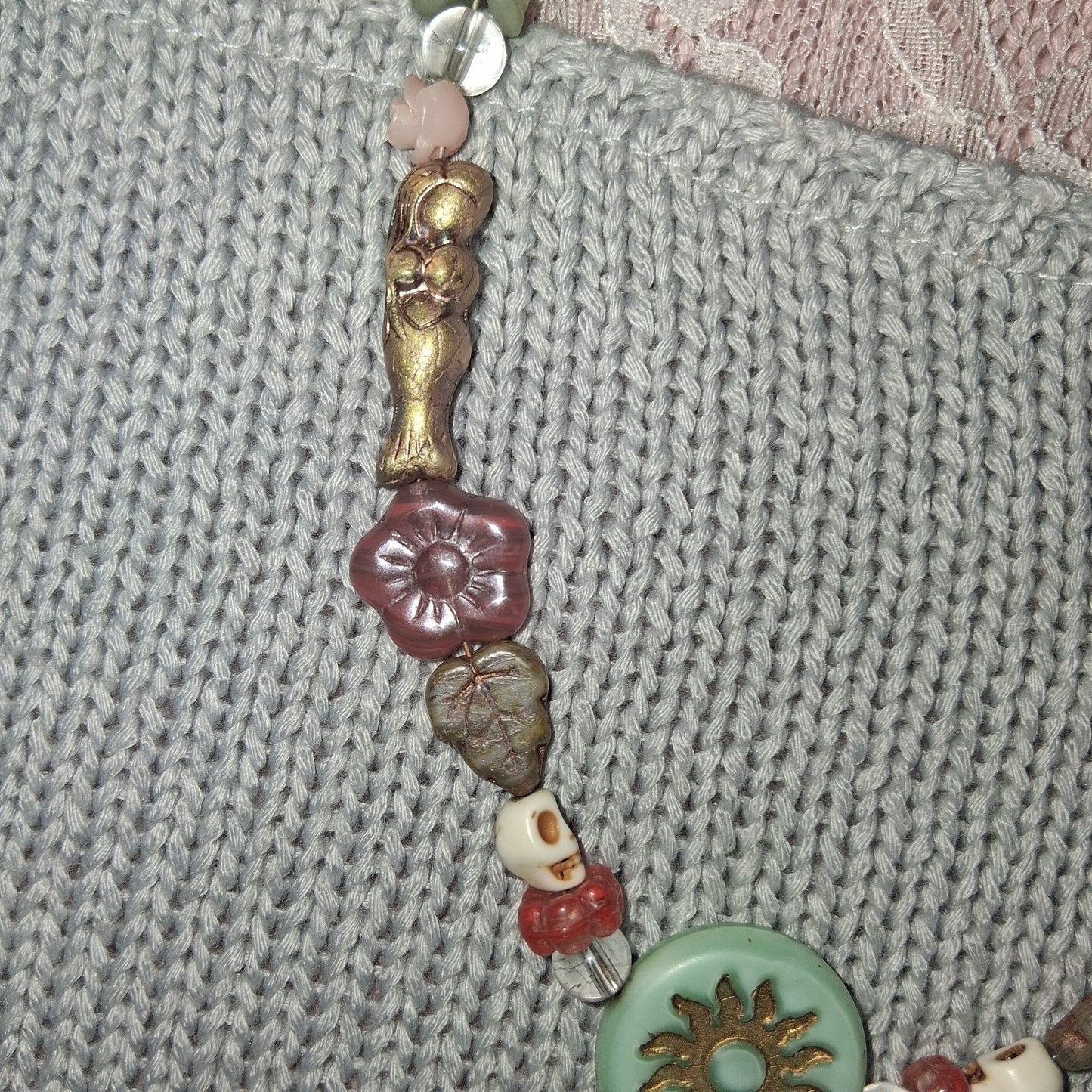 Beautiful Blue Sun Gold Goddess Flower Skull Pendant Tribal Princess Necklace