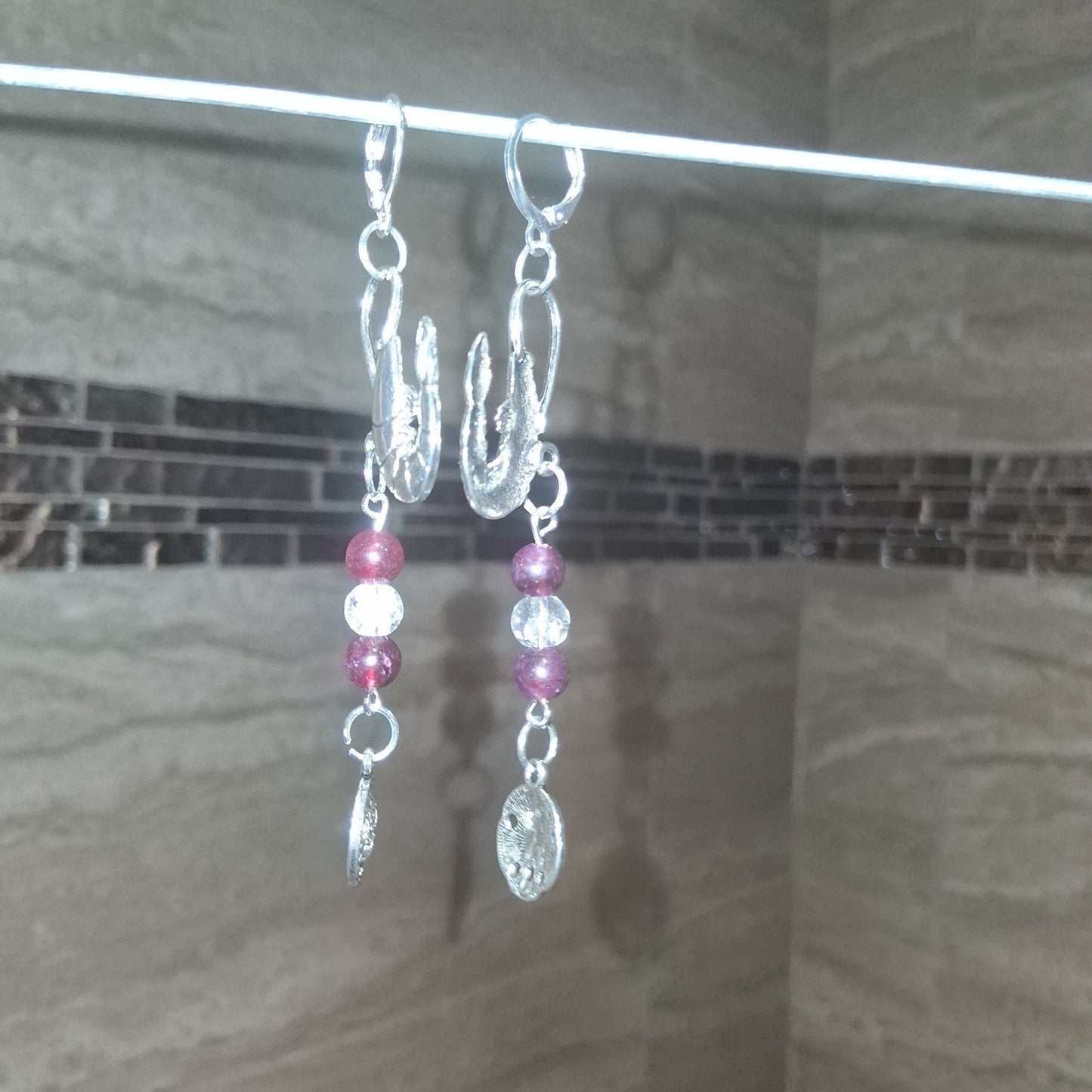 Elegant Shrimp Bait Sand Dollar Ocean Earrings with Garnet + Quartz Beads Silver