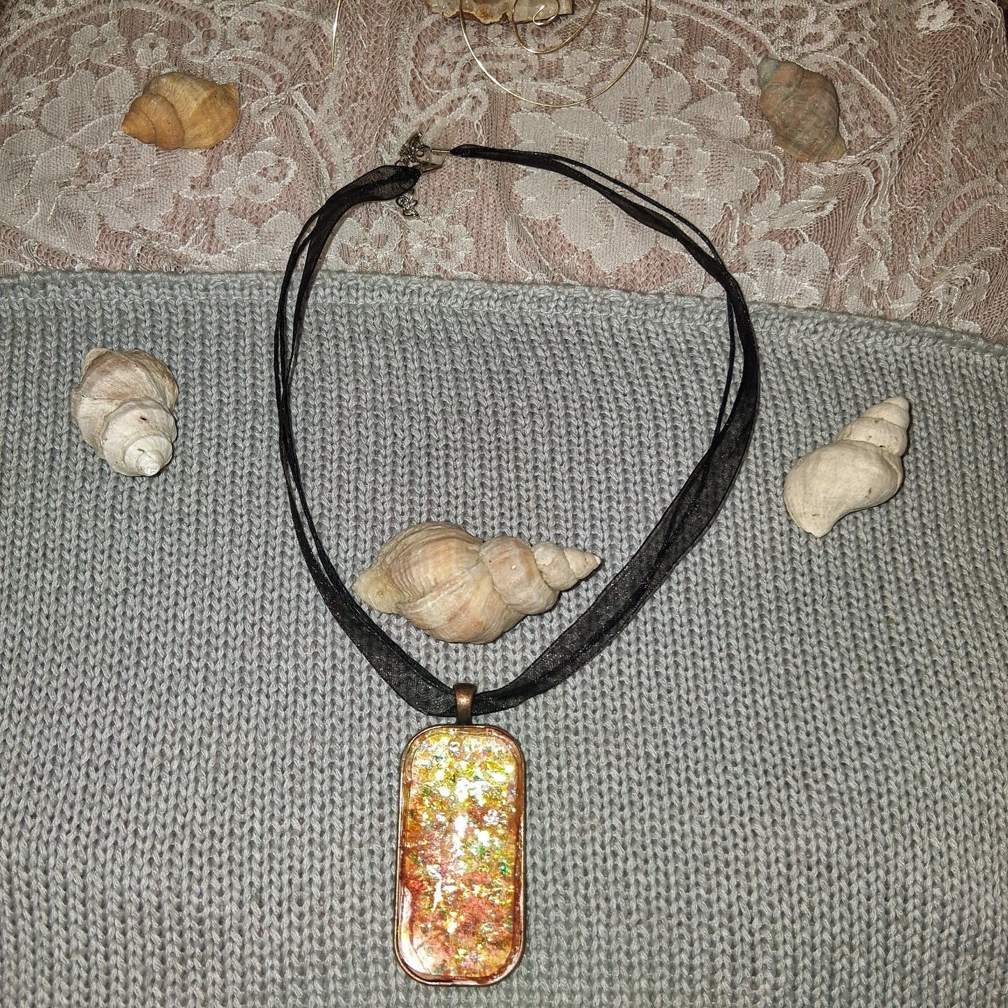 Handmade Resin Reflective Pendant Necklace On Black Ribbon Silver Tone Chain