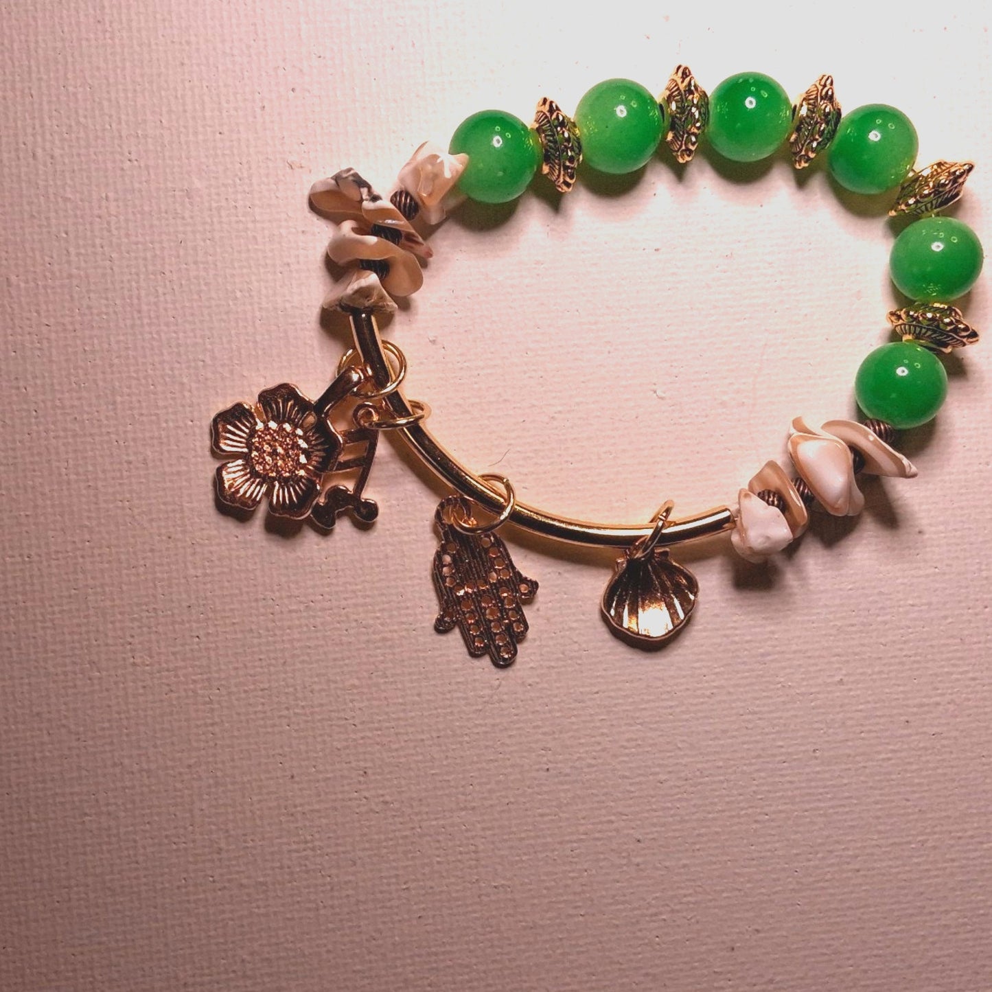 Boho Beachy Green & GOLD CHARM BRACELET WITH SHELL BEADS & Gold & Brass Accents