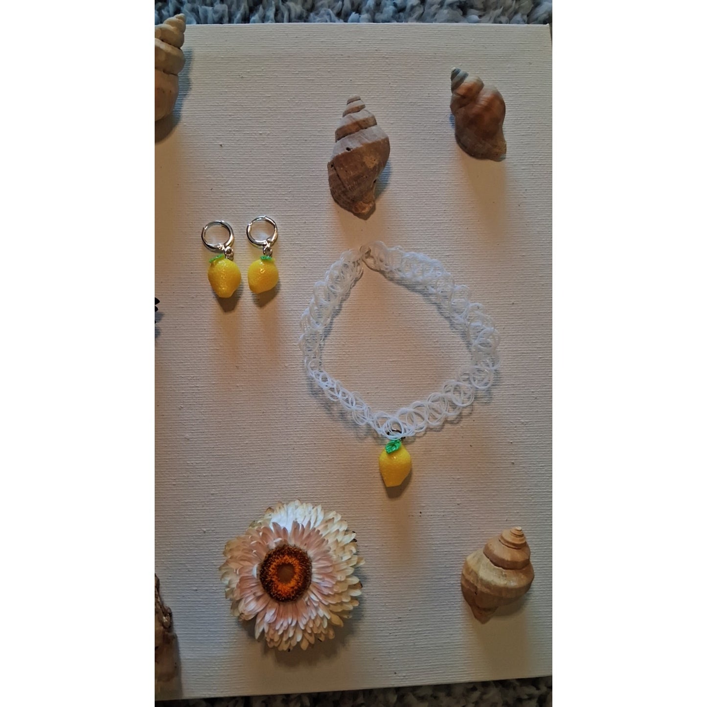 Cute LEMON Stretchy Chocker Necklace And Earring Set White Summer Chic