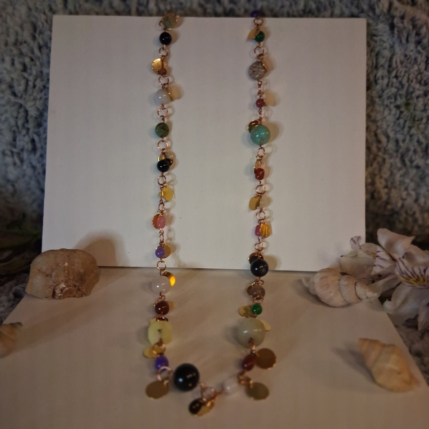 Long Handmade GLASS and Stone Beaded Chain Necklace Bohemian Jewlery