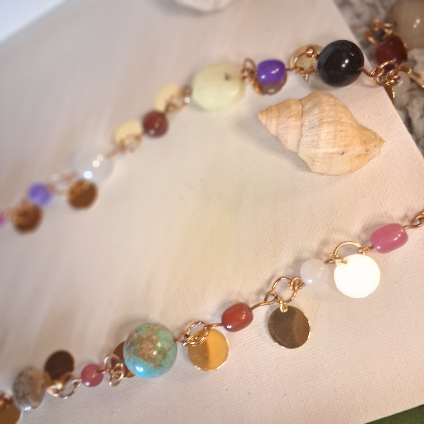 Long Handmade GLASS and Stone Beaded Chain Necklace Bohemian Jewlery