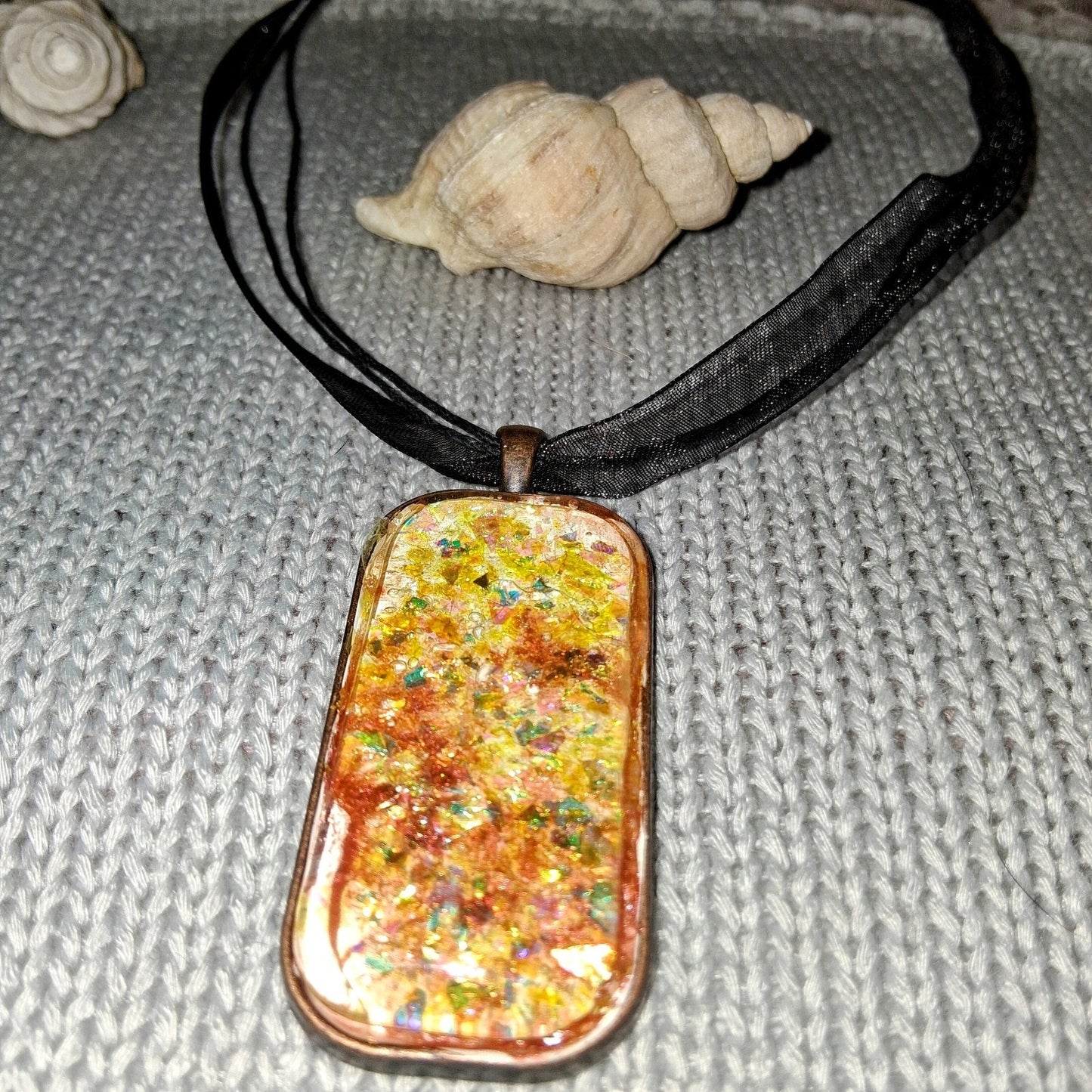 Handmade Resin Reflective Pendant Necklace On Black Ribbon Silver Tone Chain