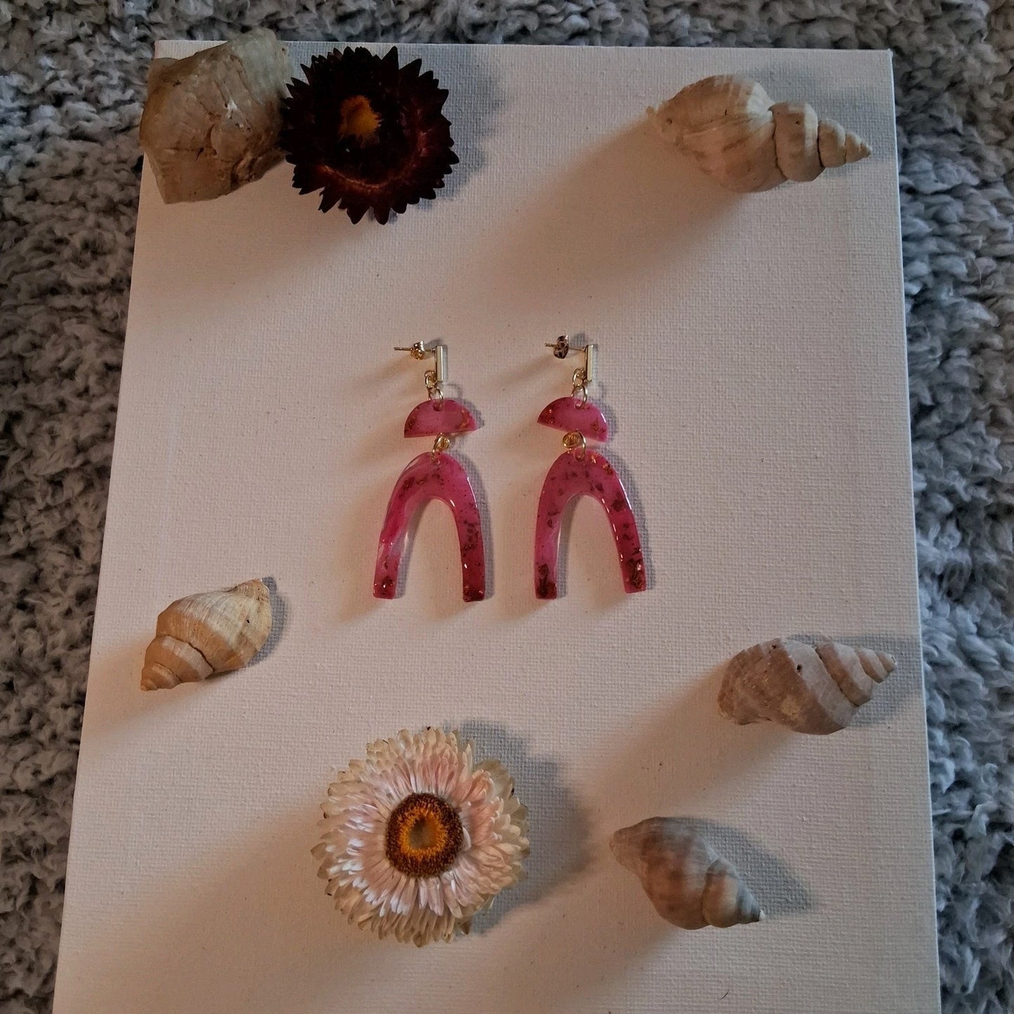 Handmade Pink and GOLD Resin Dangle Earrings with Gold Accents