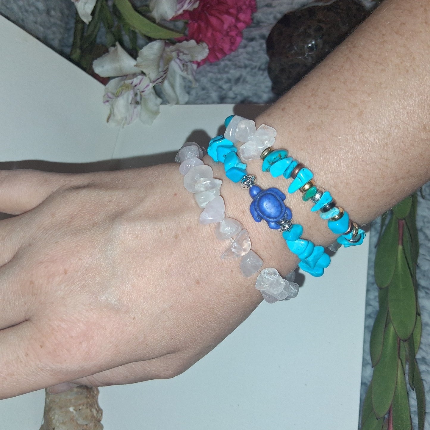 3 Ocean Theme Boho Turtle Bracelet Set, Handmade Elastic Multicolor