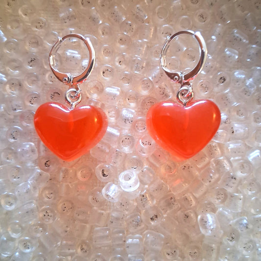 Red ORANGE Resin HEART EARINGS CUTE Valentines Day Silver Circle Leverback Clasp