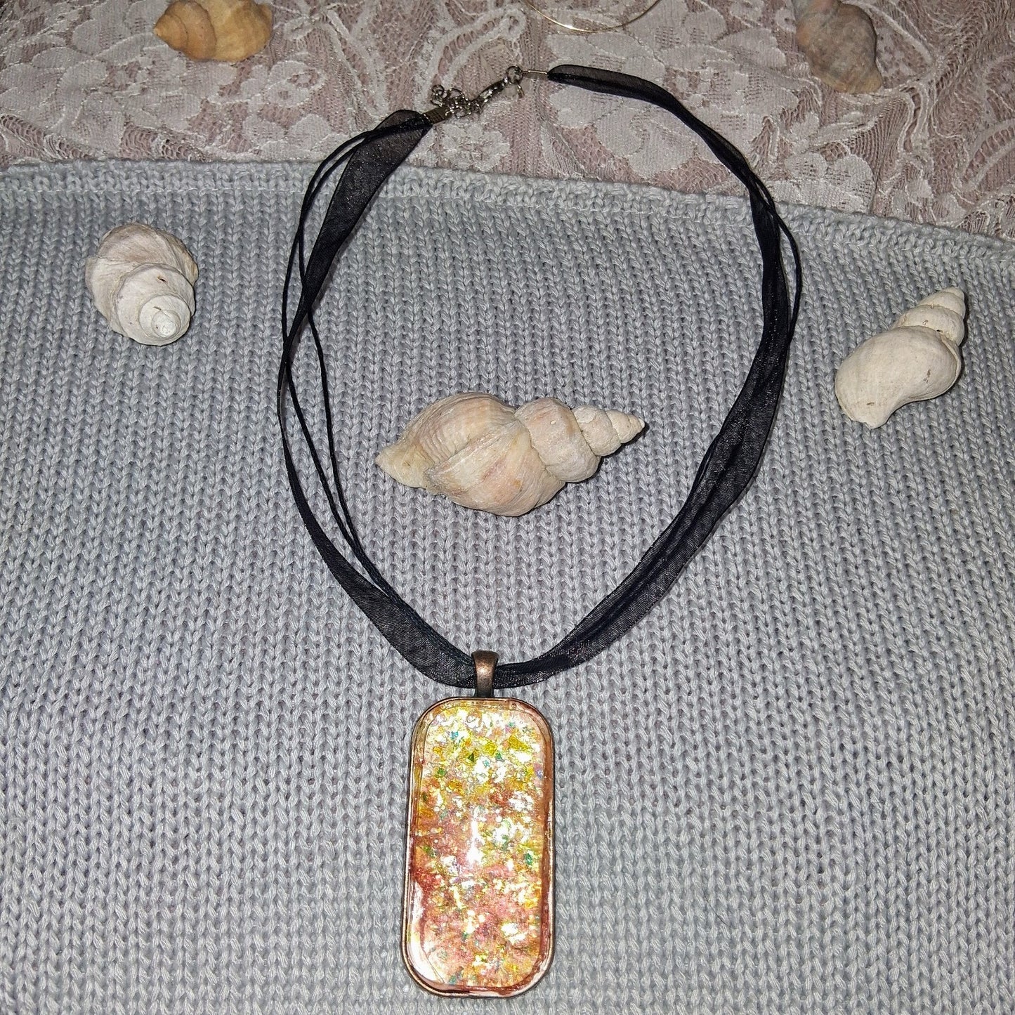 Handmade Resin Reflective Pendant Necklace On Black Ribbon Silver Tone Chain